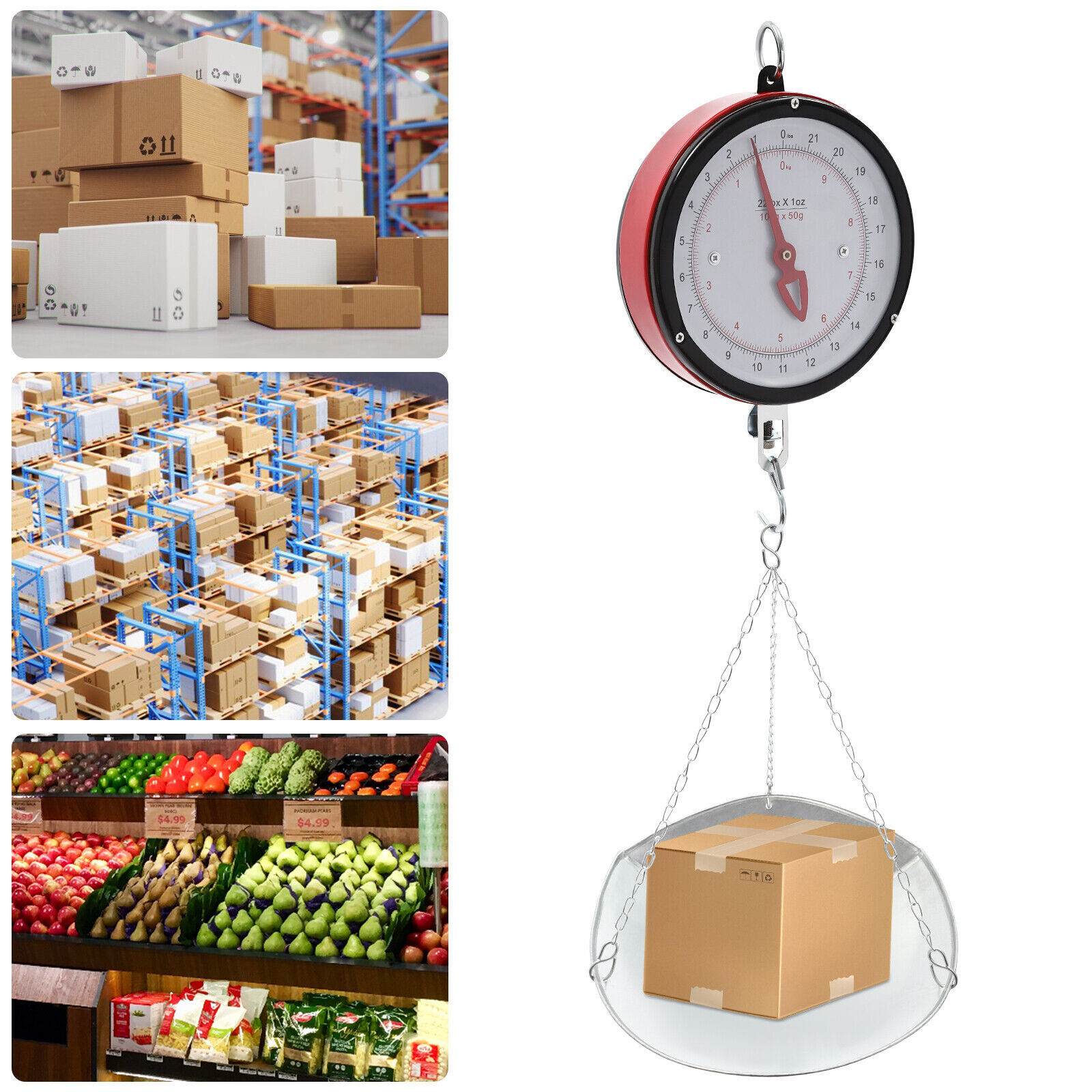 22LBS Double-Sided Dial Mechanical Hanging Scale with Scoop/Chain for Kitchen
