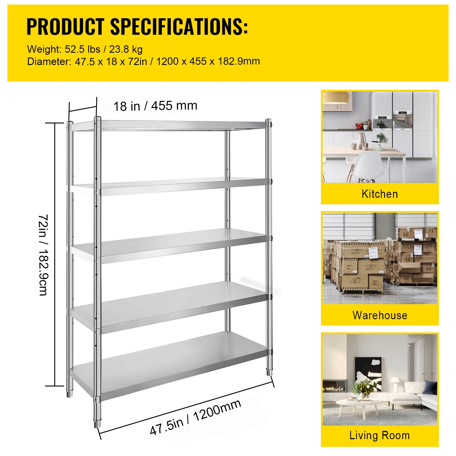 5-Tier Kitchen Shelves Shelf Rack Stainless Steel Shelving Organizer 47.5×18 in