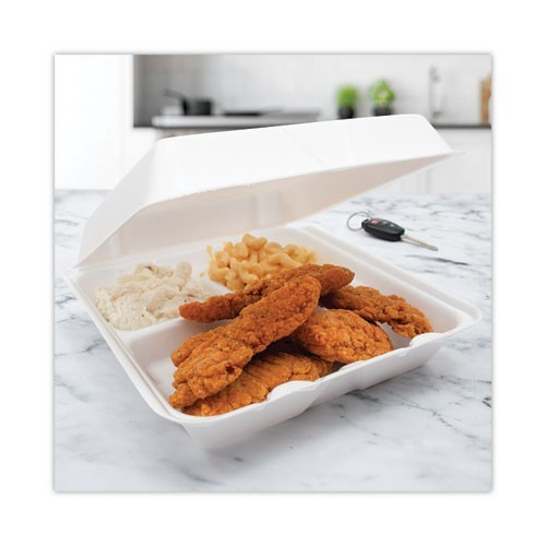 Dart Foam Lid 3-Comp Containers, 9.3×9.5×3, 100/Slv, 2 Slvs/CT, CA/WA Restricted