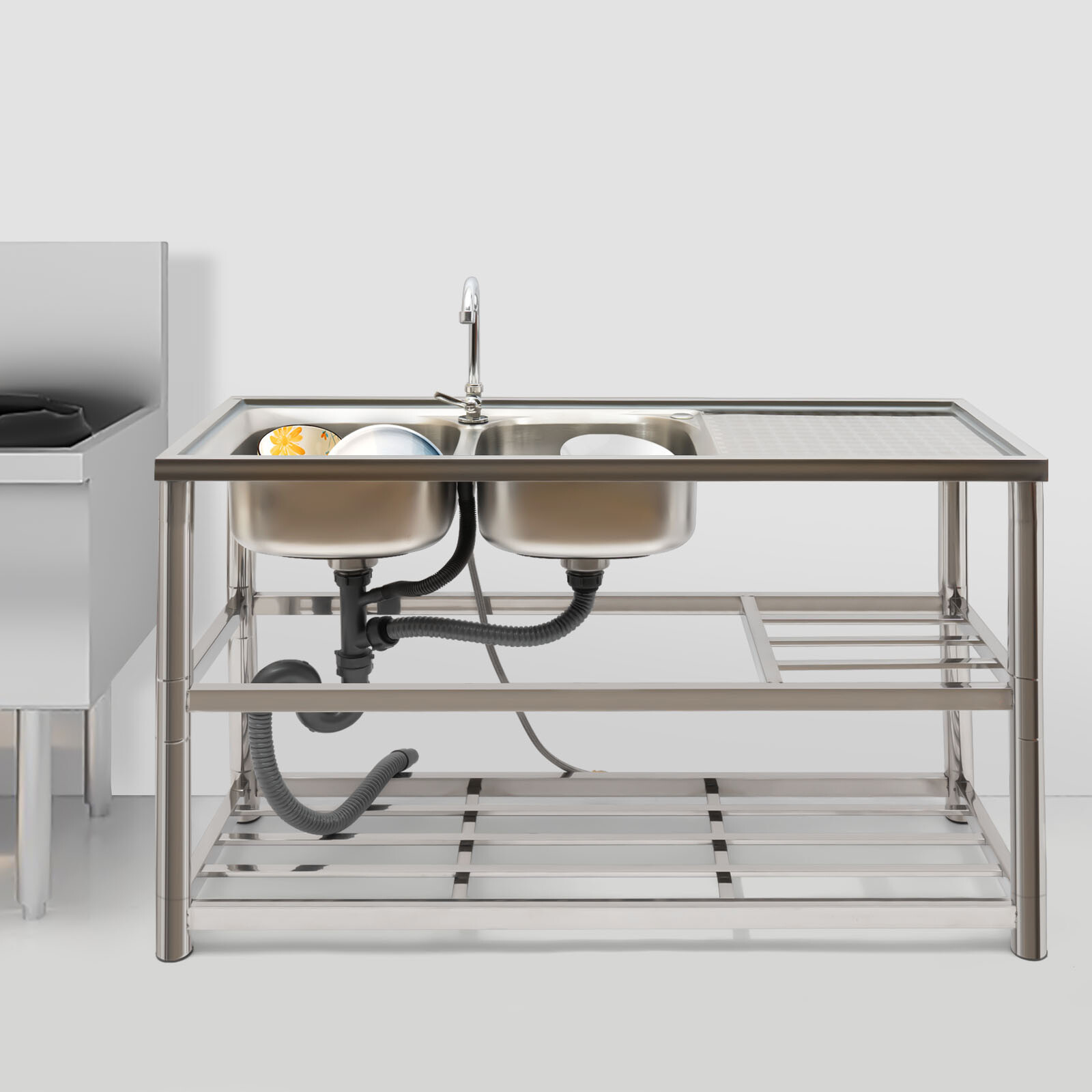 Commercial Sink Utility Sink 2 Compartment Kitchen W/ prep Table Stainless Steel