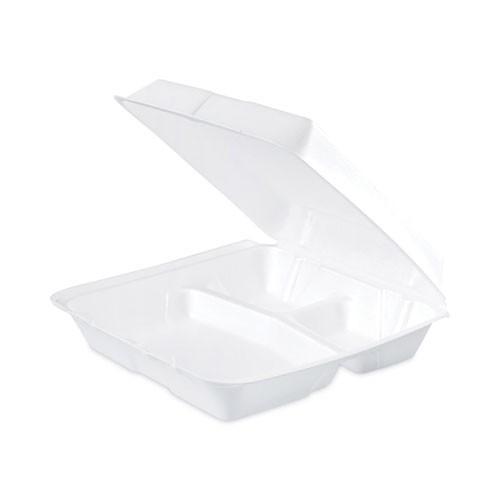 Dart Foam Lid 3-Comp Containers, 9.3×9.5×3, 100/Slv, 2 Slvs/CT, CA/WA Restricted