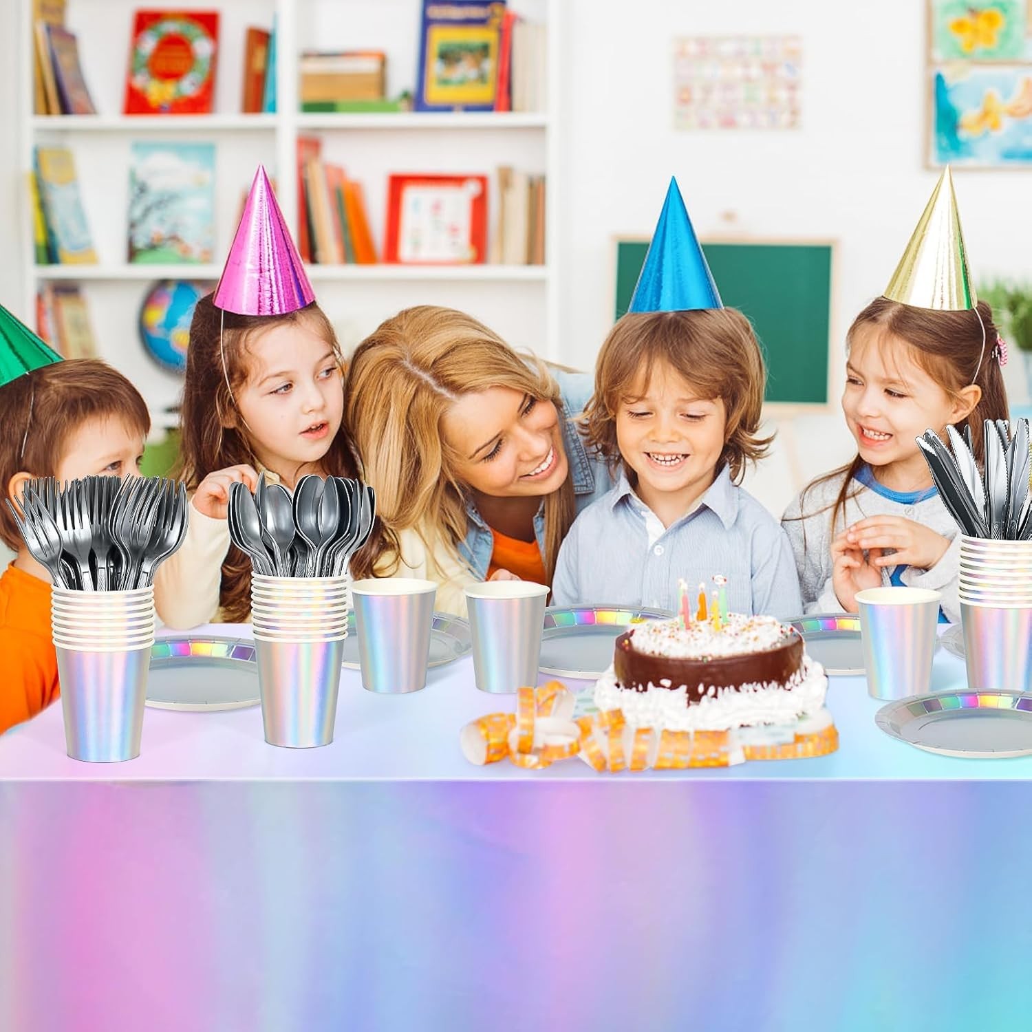 Iridescent Party Decorations,132 Pcs Disposable Iridescent Party Plates Cups