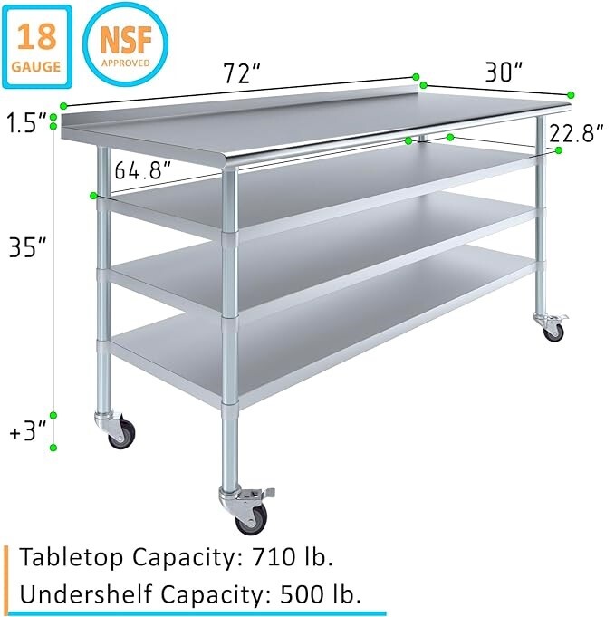 Stainless Steel Metal Work Table with 1.5″ Backsplash and 3 Shelves with Wheels