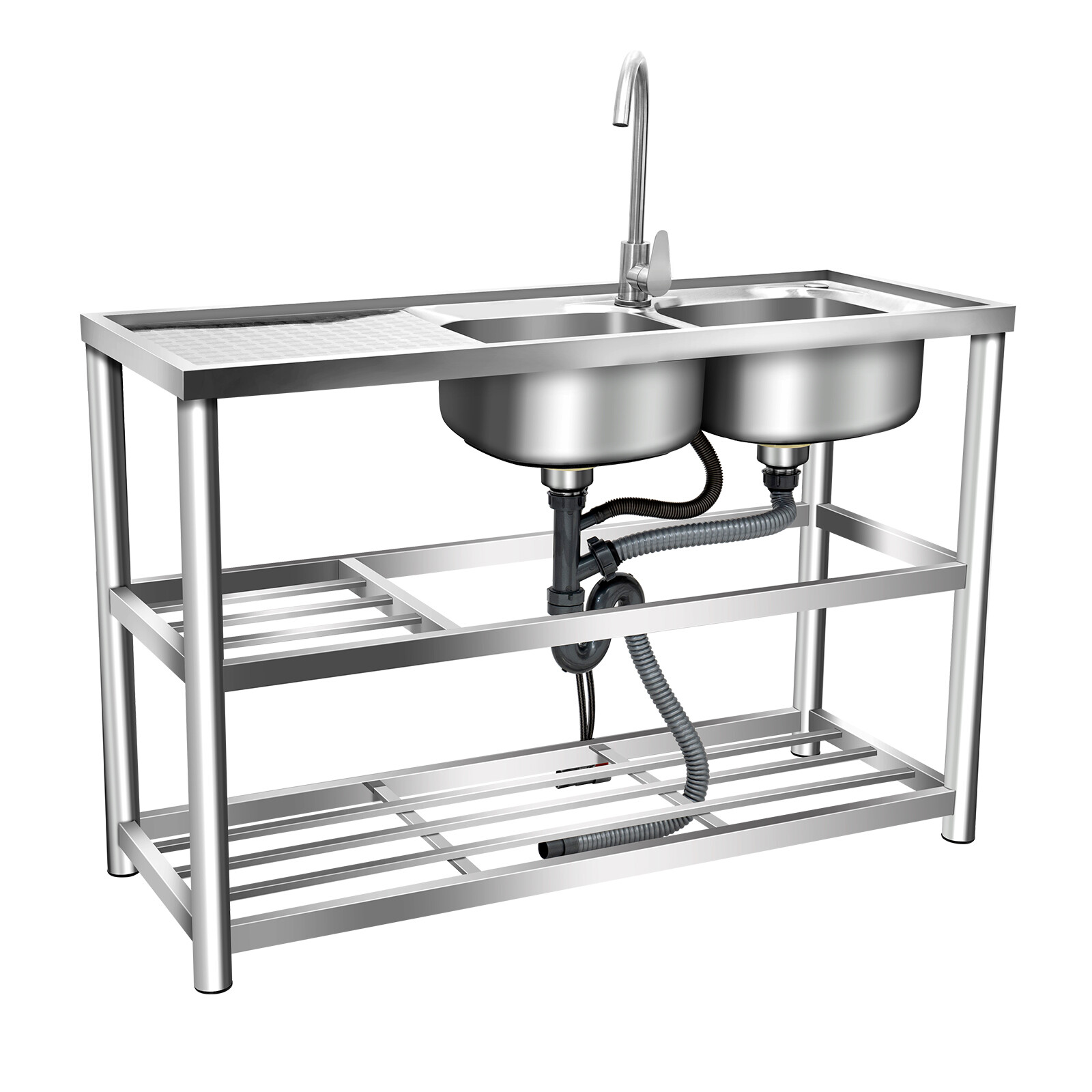 Free Standing Stainless Steel Double Bowl Commercial Restaurant Kitchen Sink Set