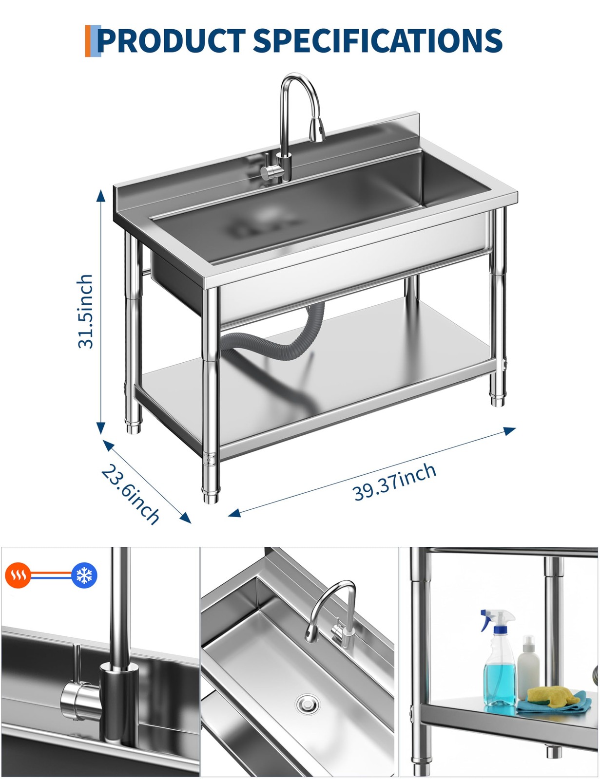 Stainless Steel Utility Sink with Pull-Out Faucet – 39.37”w Freestanding Laundry