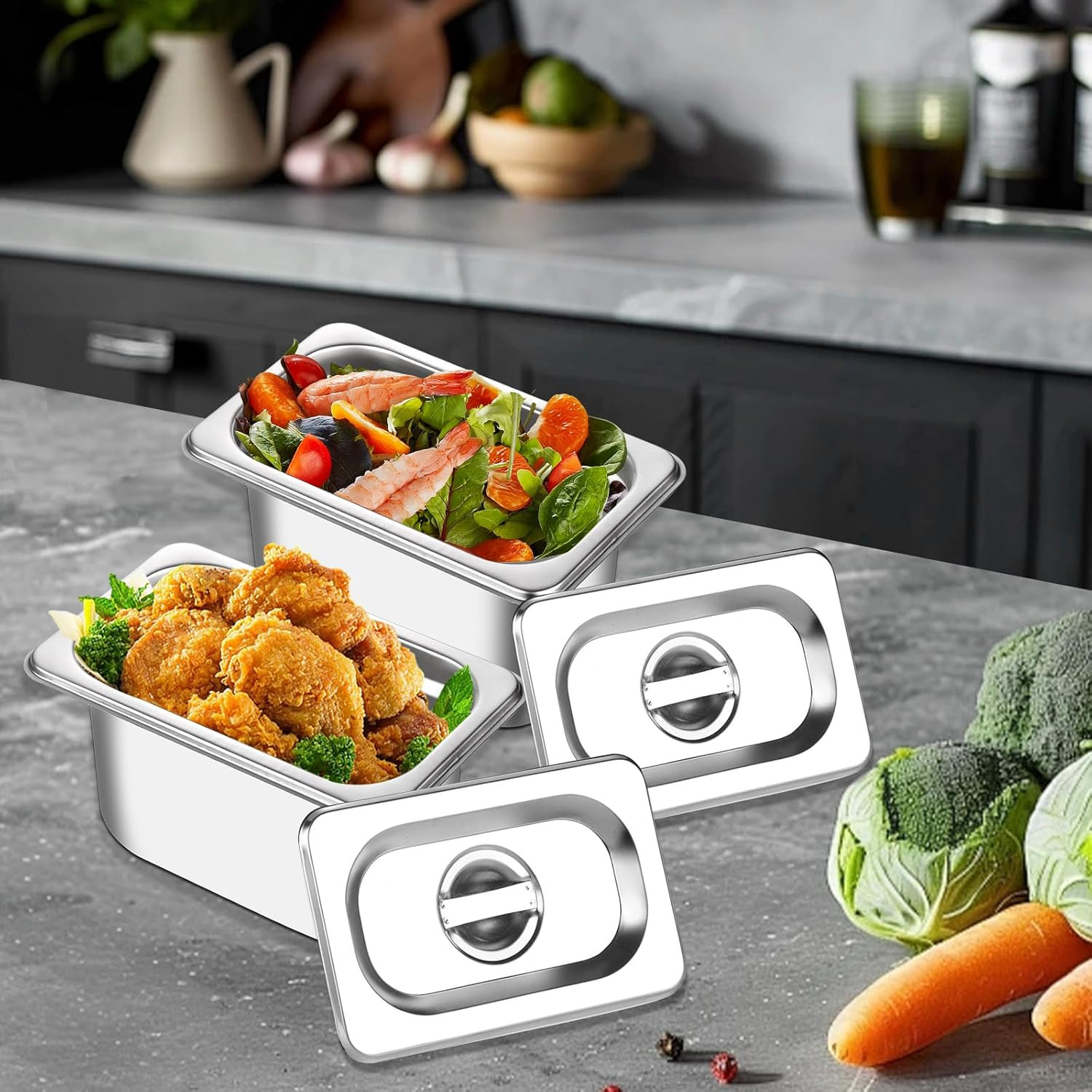 4-Pack 1/9 Size 4″ Deep Stainless Steel Food Pan w/ Lid Steam Table Hotel Pan