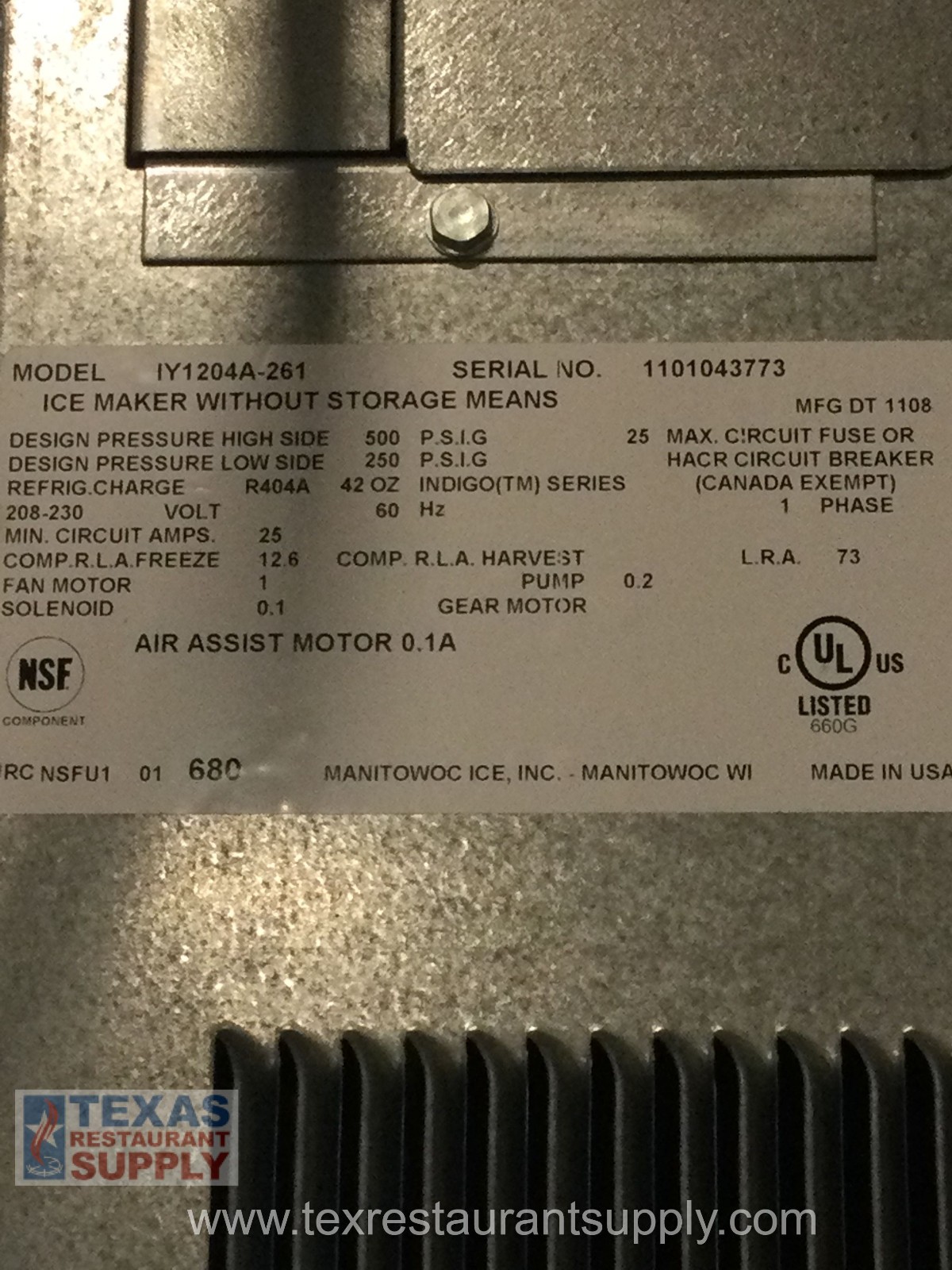 Manitowoc IY1204A-261 1200 Lbs Air Cooled Ice Maker High Volume System