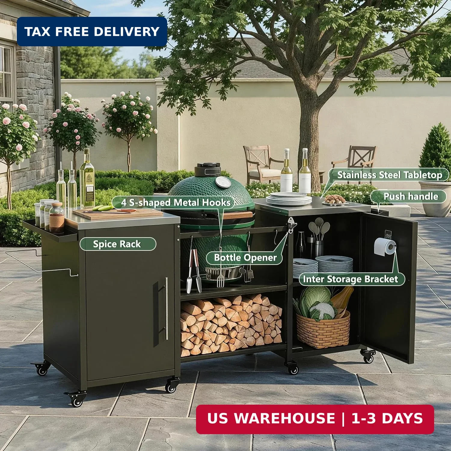 Outdoor Grill Cart for Big Green Egg, Grill Table Suitable for Various Sizes of