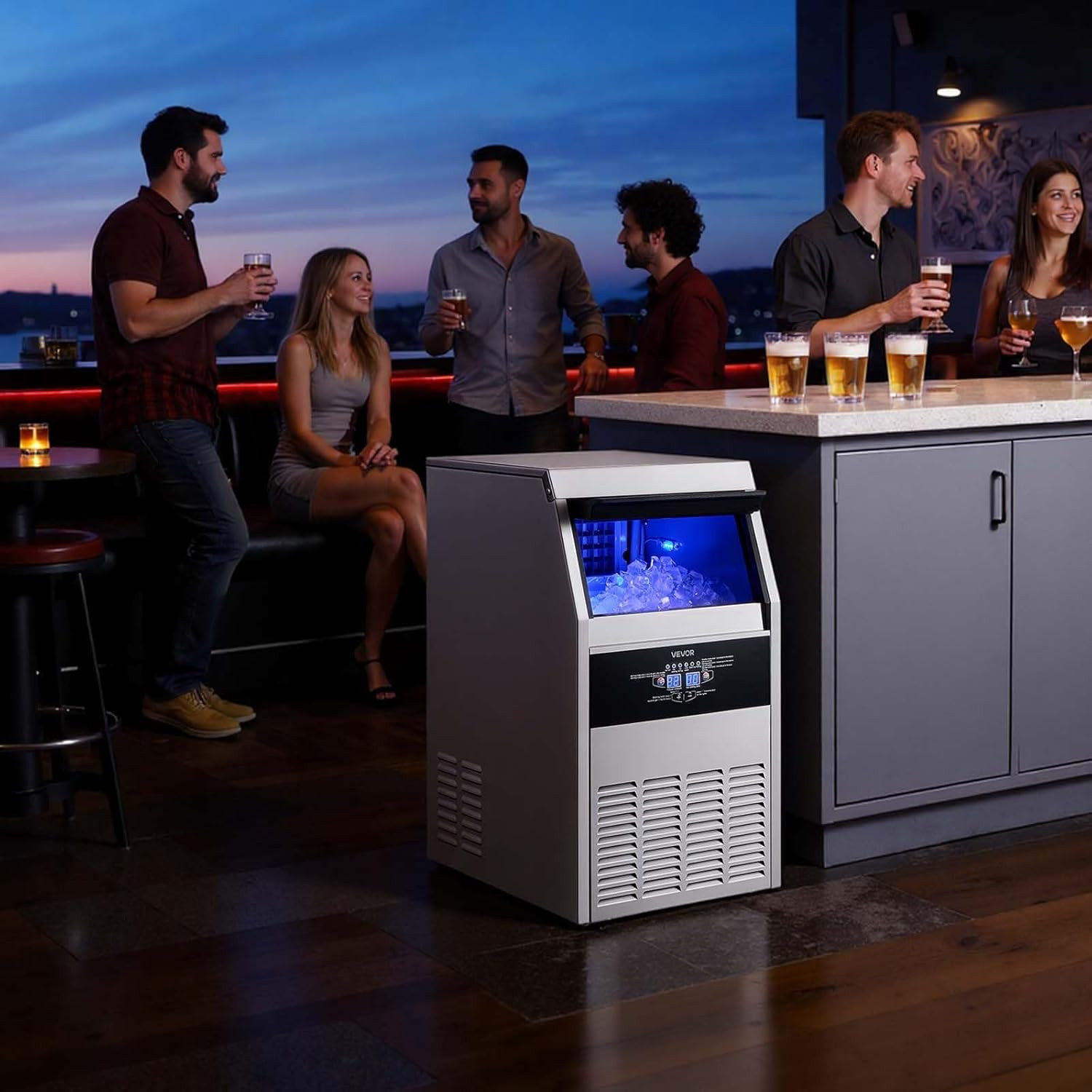 130 Lbs/24H Stainless Steel Ice Maker, Self-Cleaning, LED Display, Home/Bar Use