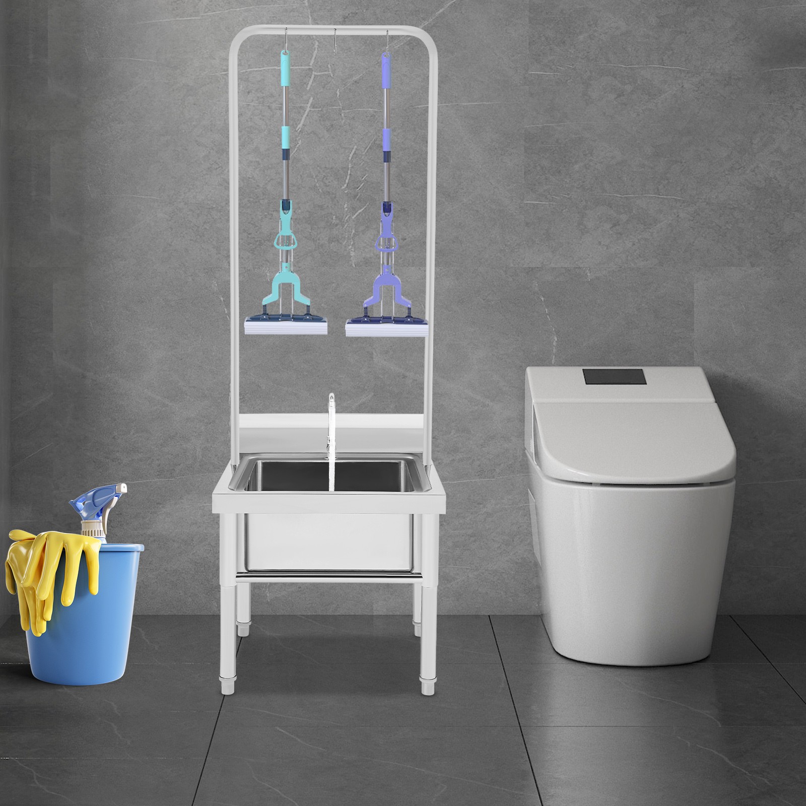 Commercial Mop Sink Stainless Steel Floor Mop Sink with Hanging Rod and Hook