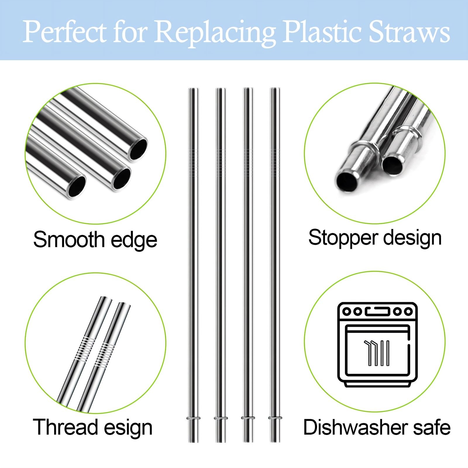 8 Inch Stainless Steel Straws Replacement for 8 inch 6pcs straight, Silver