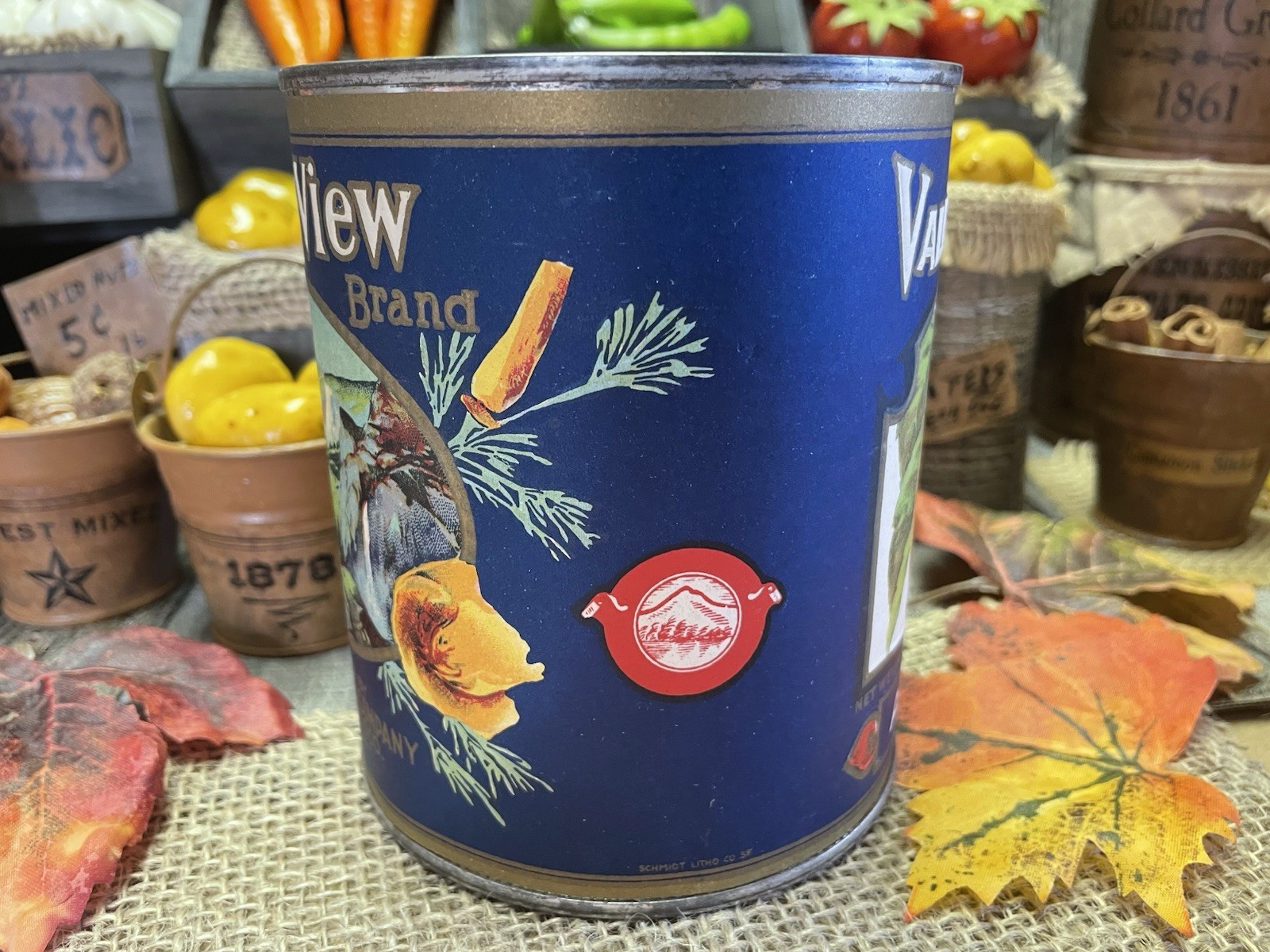 VTG VALLEY VIEW APRICOTS TIN CAN PRIMITIVE COUNTRY STORE DISPLAY FARMHOUSE PROP