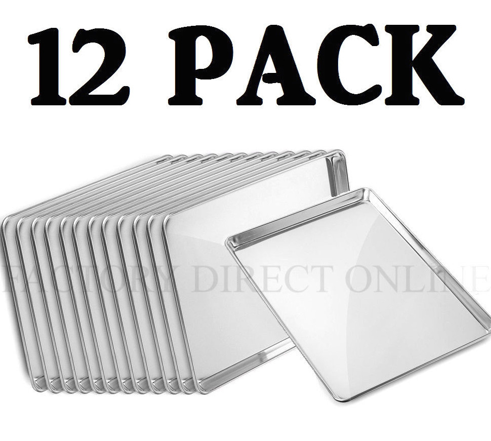 12 PACK Full Size Aluminum 18″ x 26″ Bun Sheet Baking Pan Wire in Rim Commercial