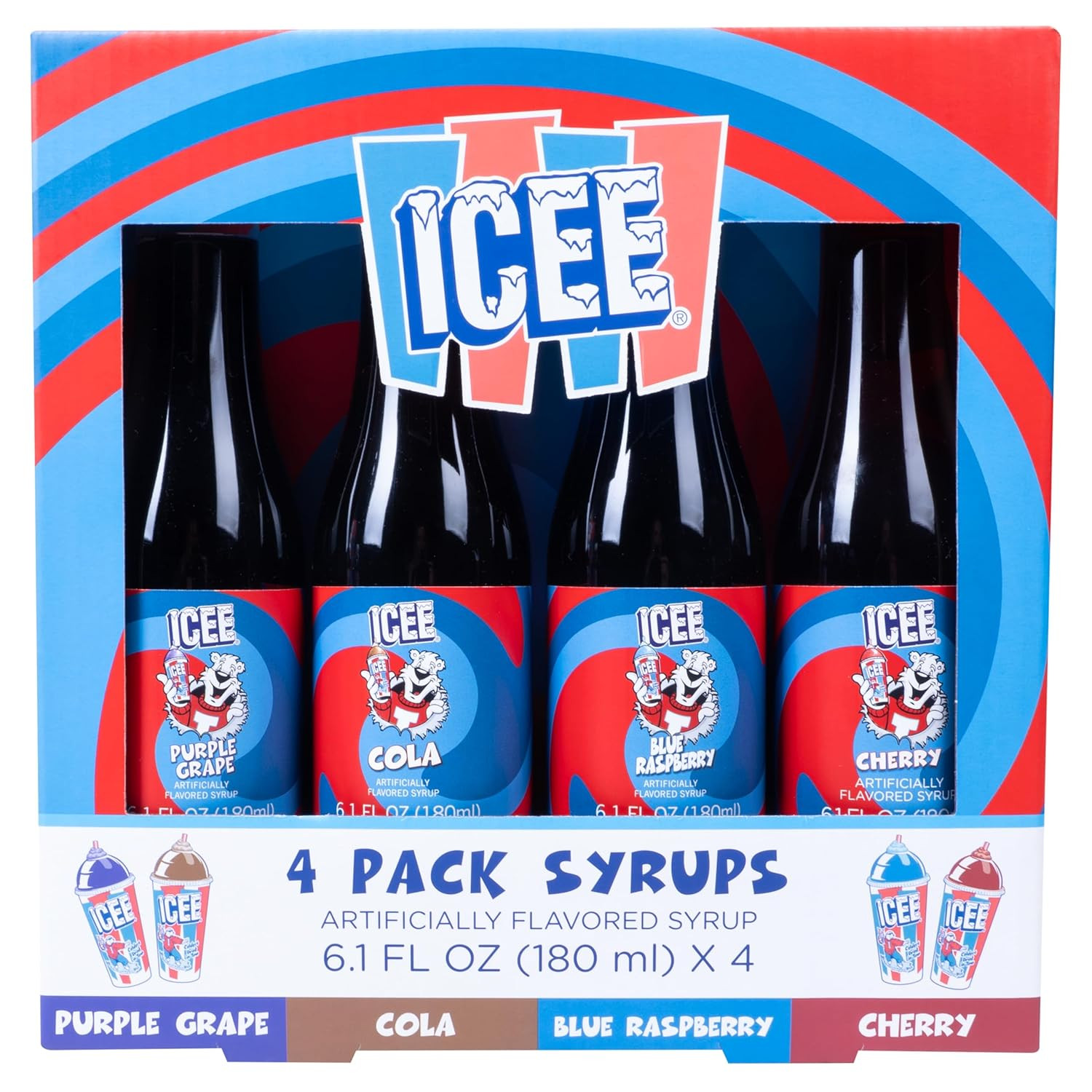 ICEE 4 Pack Slushie Syrup. Genuine ICEE Shaved Ice Snow Cone Syrups Including Pu