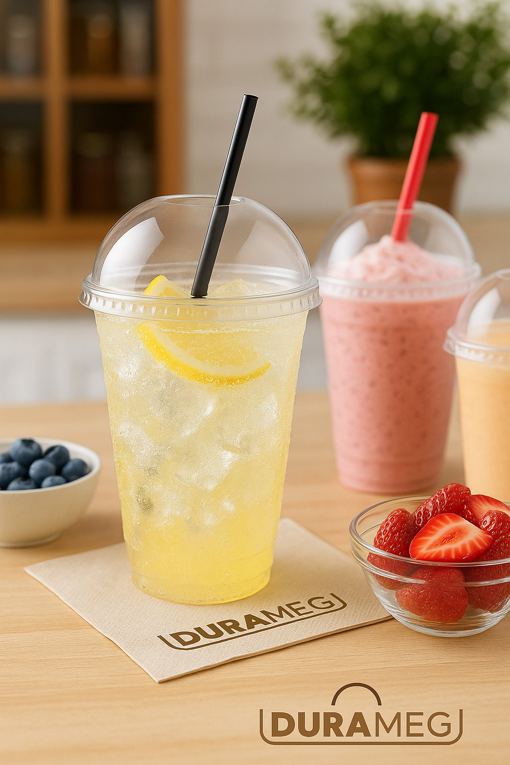 DURAMEG 12oz Clear PET Cups with Dome Lids 100 Pack | Disposable Smoothie Cups