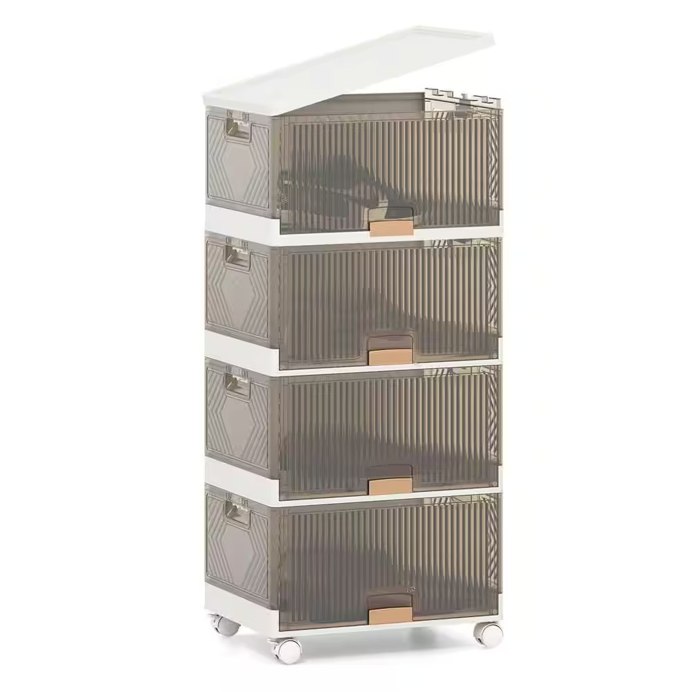 18 Gal. 4-Cube Stackable Storage Bins in White and Brown with Detachable Wheels