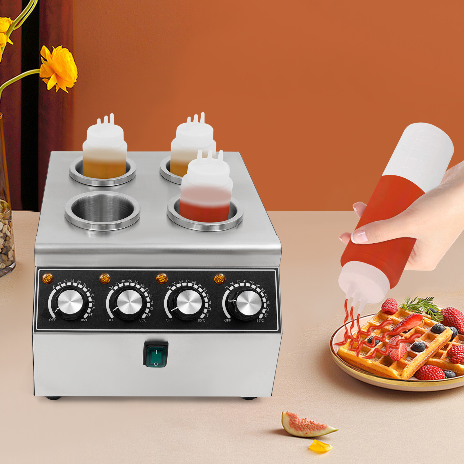 800W Electric Sauce Warm Heat Machine Sauce Warmer Dispenser w/Squeeze Bottle