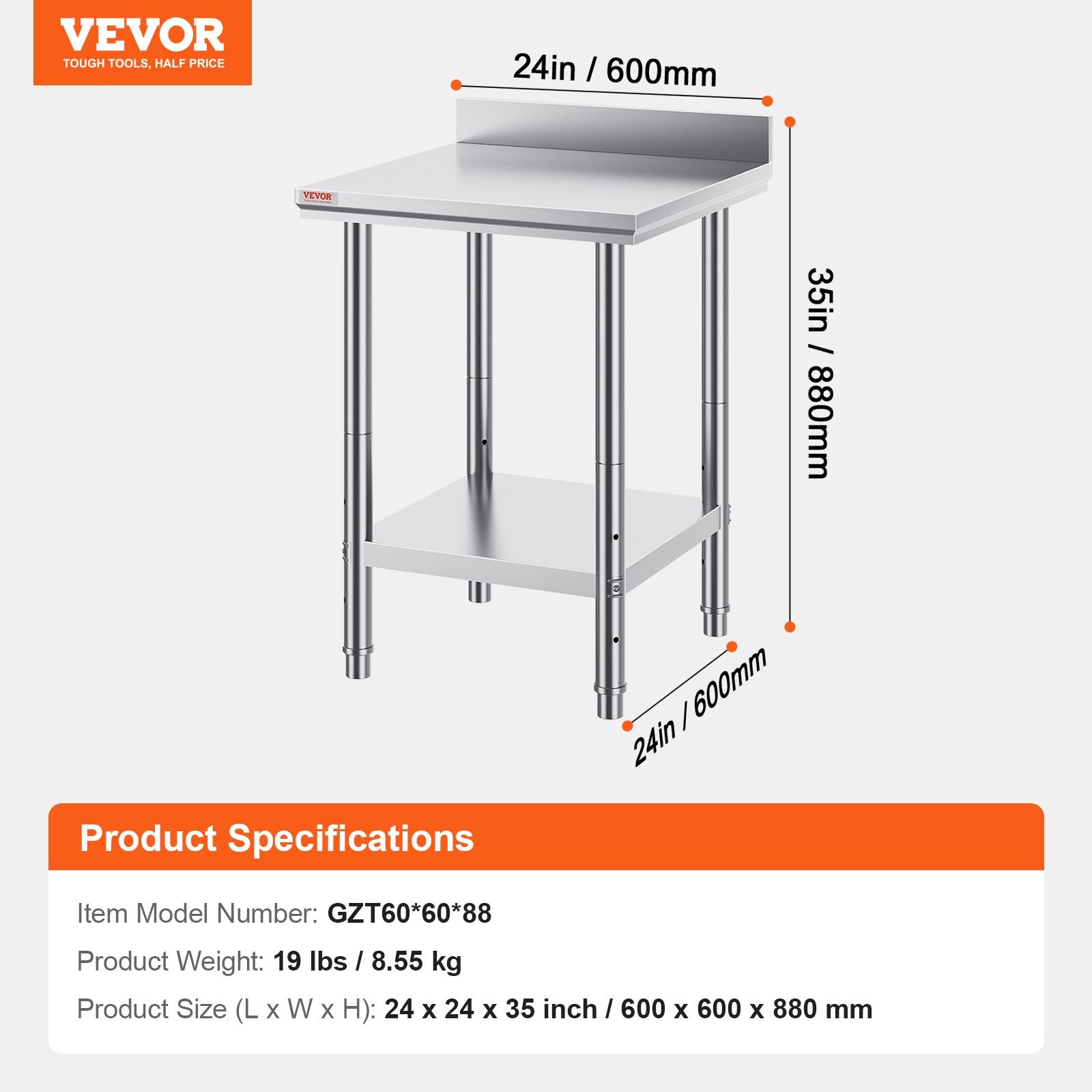 24″x24″x34.6″ Stainless Steel Work Table Restaurant Kitchen Food Prep Commercial