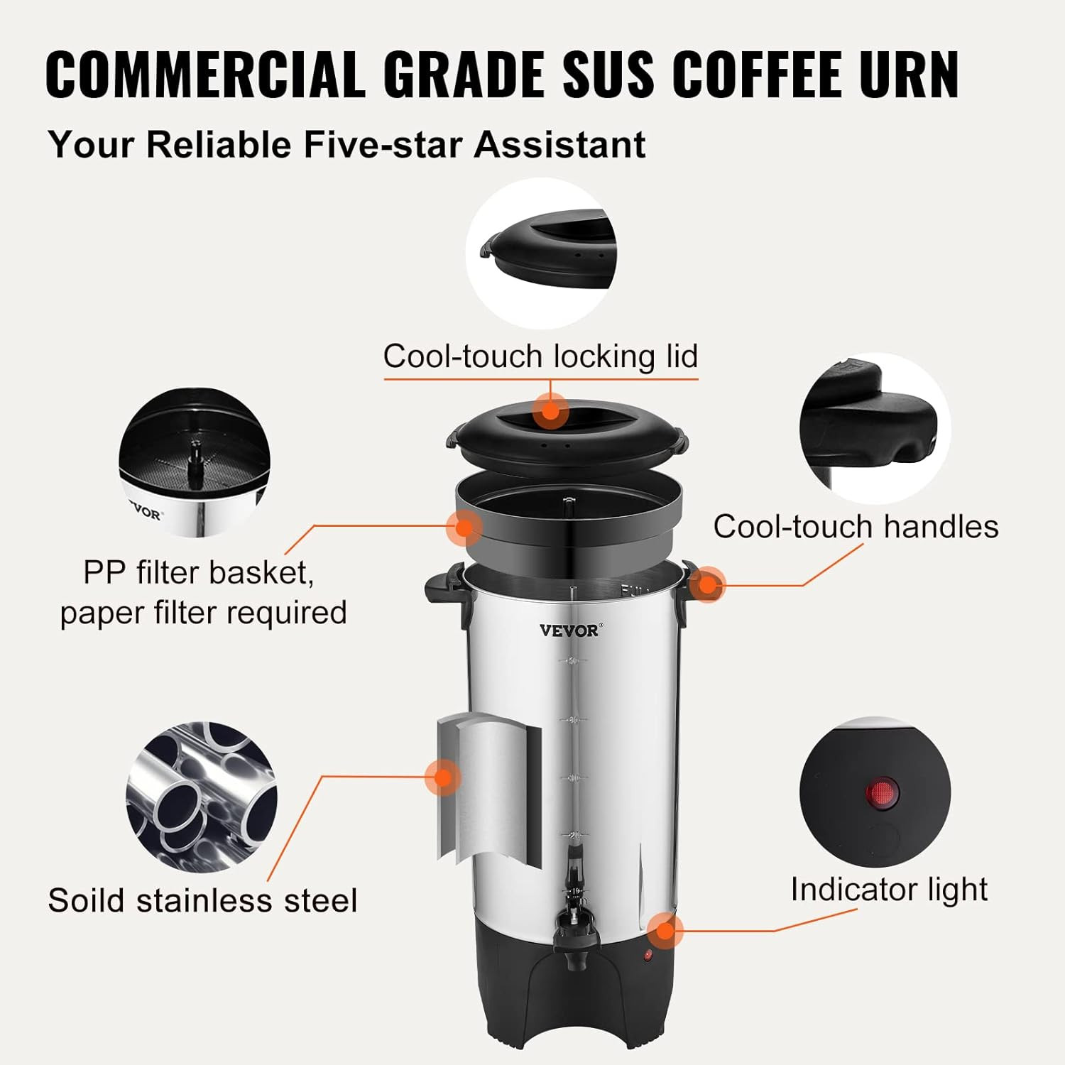 Commercial Coffee Urn, 50 Cups/7.5L Stainless Steel Large Coffee Dispenser, 1000
