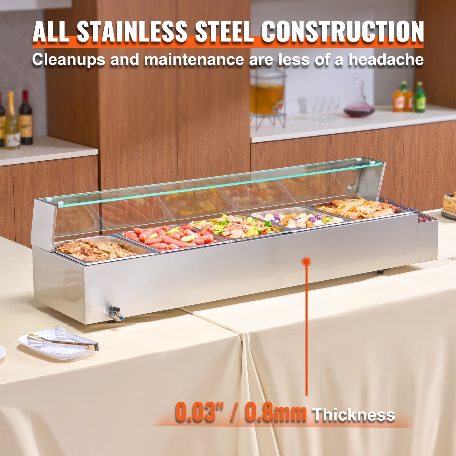 Uimoso Countertop Buffet Bain Marie with Glass Shield and 5 Food Pans
