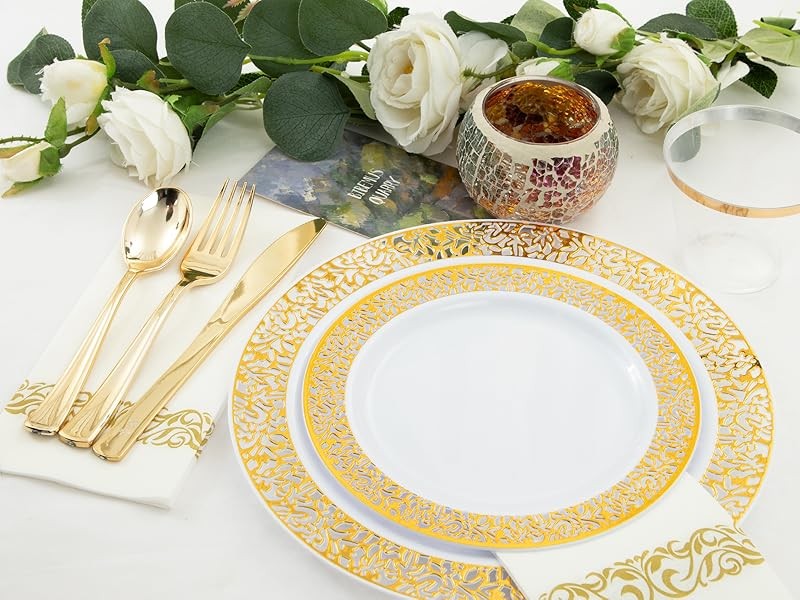 210Pcs Gold Plastic Dinnerware – Disposable Silverware and Cups, Include:30