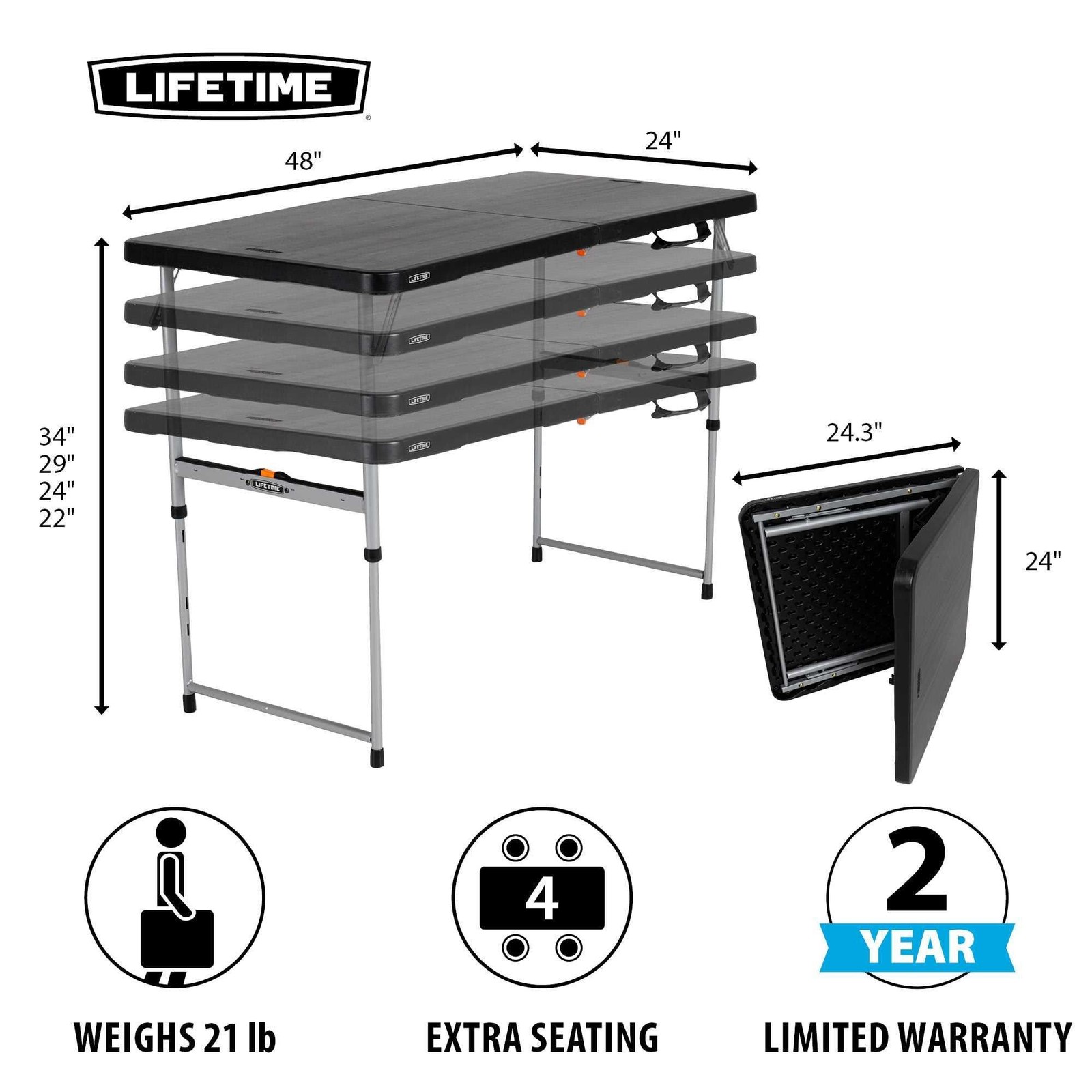Lifetime 4-Foot Fold-in-Half Adjustable Folding Table – Light Commercial