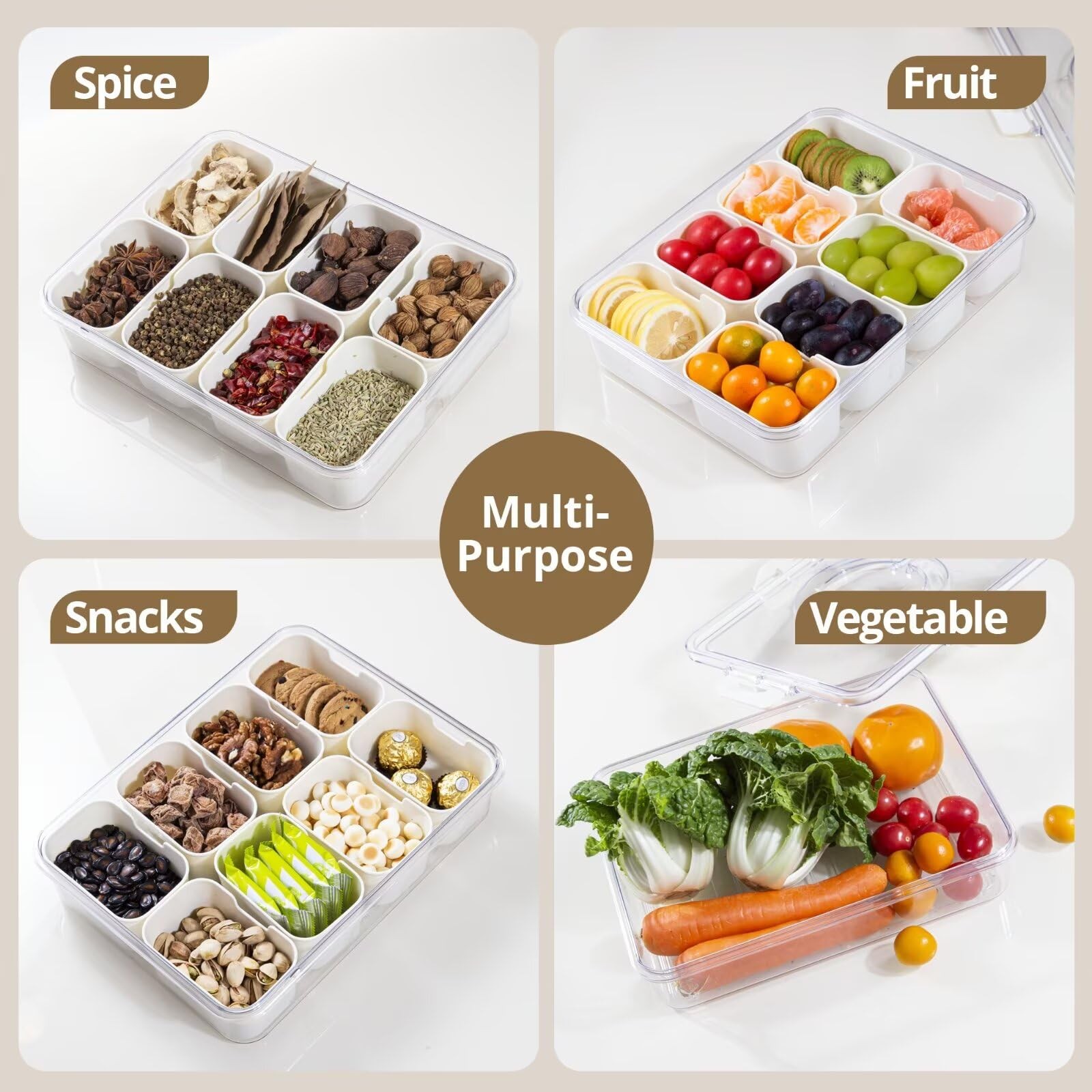Zaboro 4 Packs Snackle Box Container with 8 Compartments, Clear Divided Serving