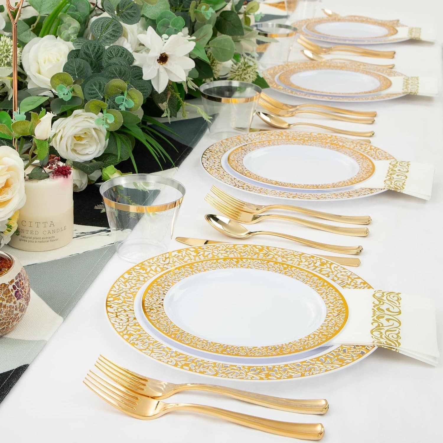 210Pcs Gold Plastic Dinnerware – Disposable Silverware and Cups, Include:30
