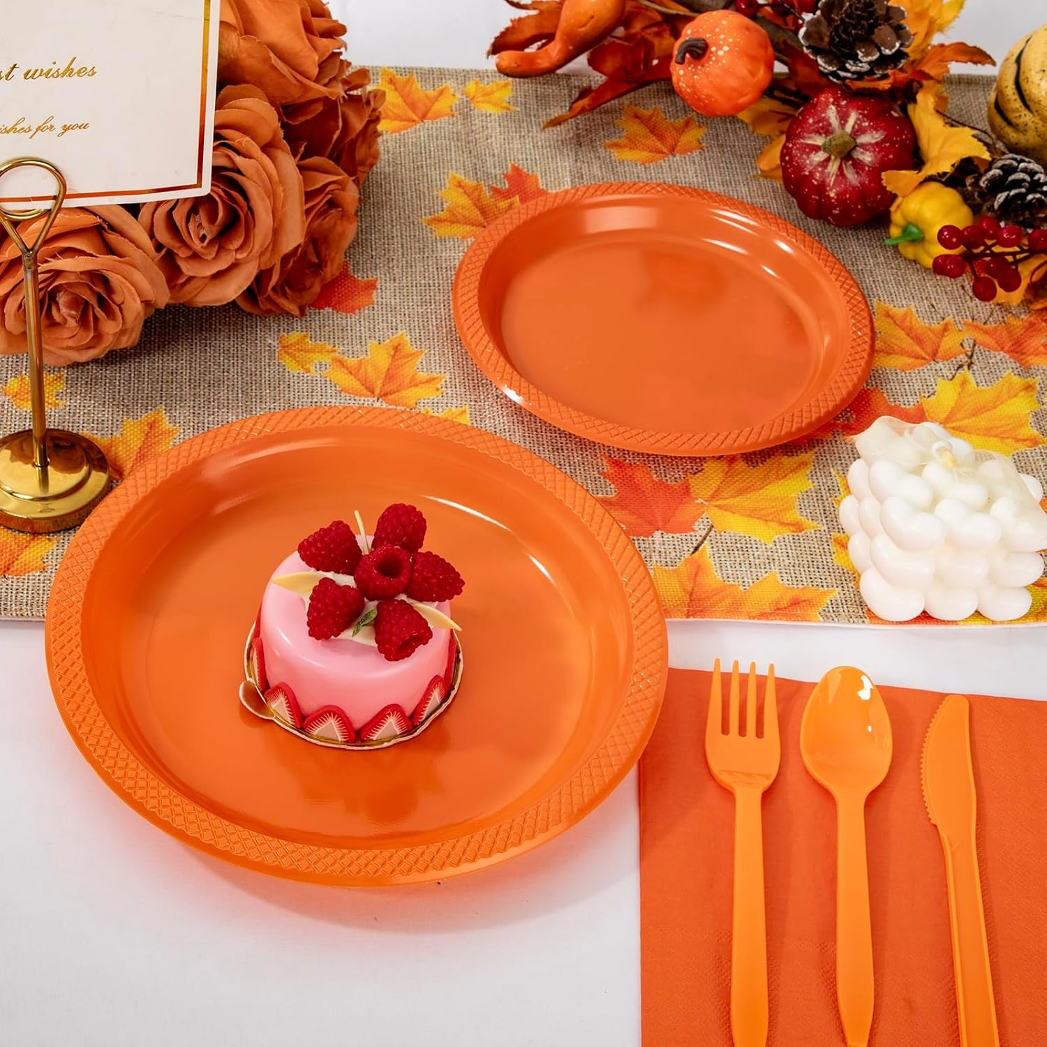 210Pcs Orange Disposable Plates,Plastic Dinnerware Set for Party,Includes: