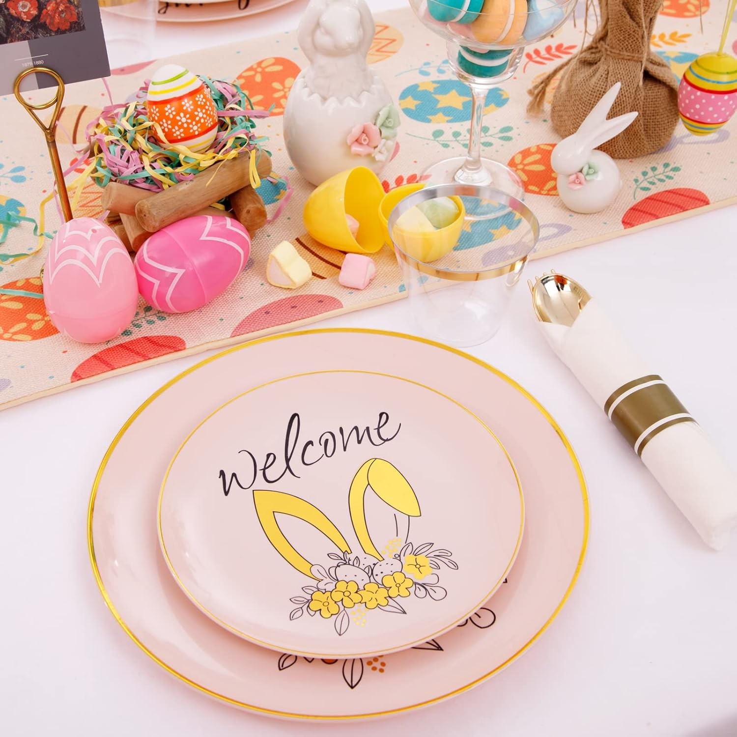 210Pcs Easter Plastic Plates,Pink Gold Party Plates with Bunny Egg Design