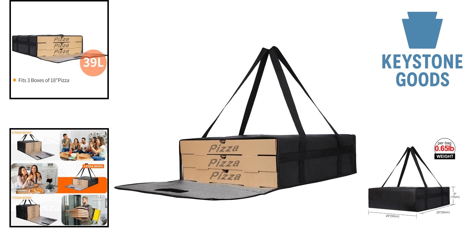 Insulated Pizza Delivery Bag 20x20x6 for Hot Food Transport