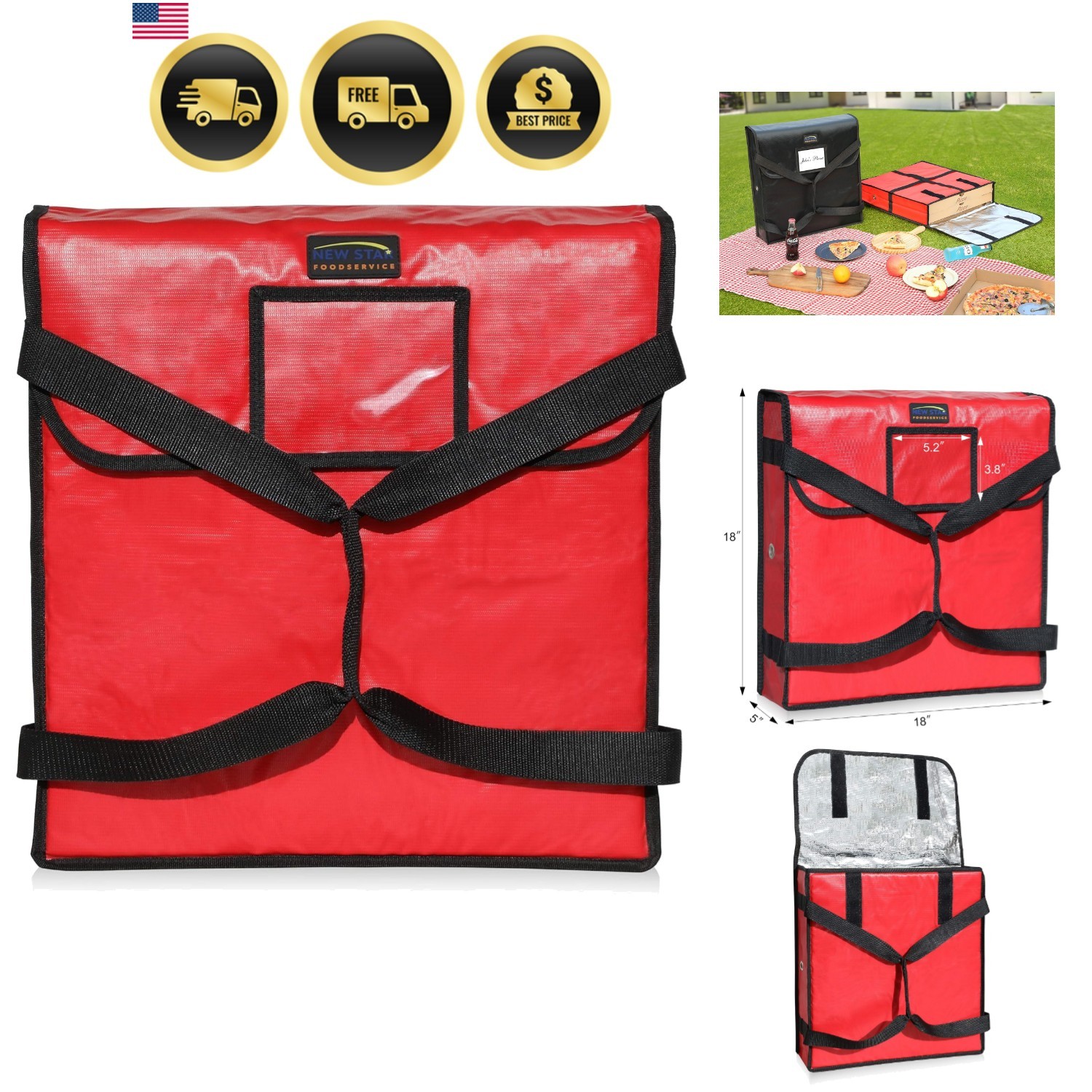 Insulated Pizza Delivery Bag, 18 x 18 x 5 Inch, Red