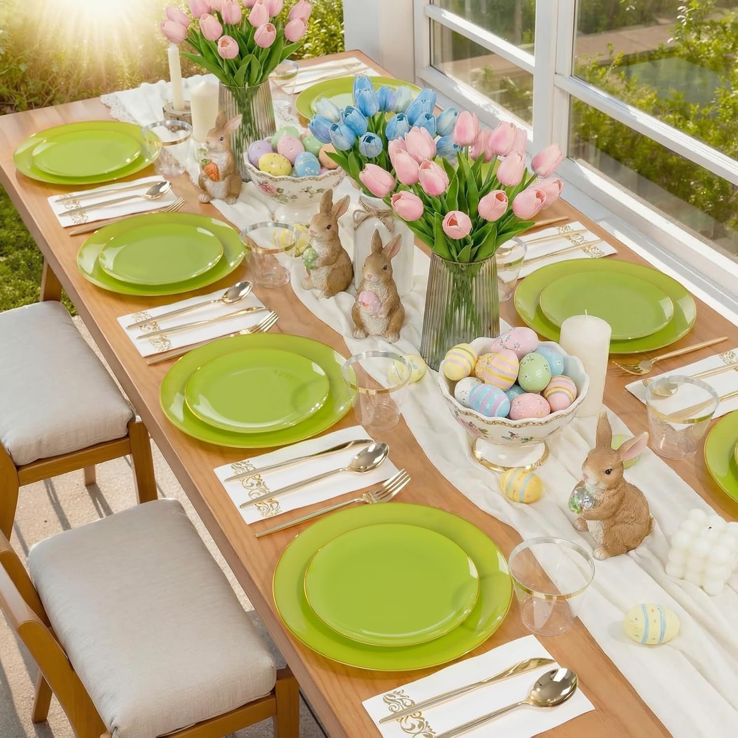 MirthMood 210pcs Green Plastic Plates,Disposable Green Gold Party Plates,Include