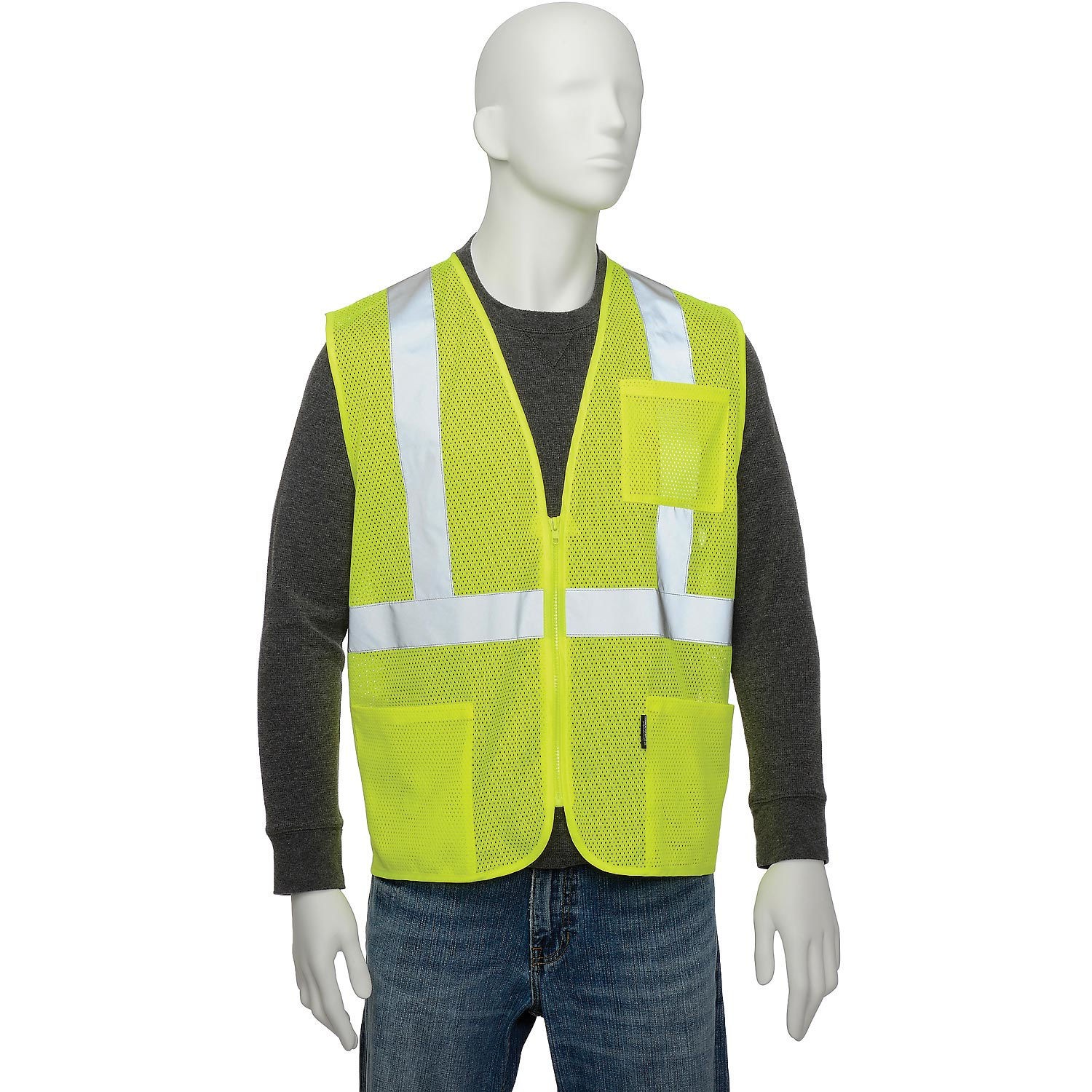 Class 2 Hi-Vis Safety Vest 2″ Silver Strips Polyester Mesh Lime Size XL