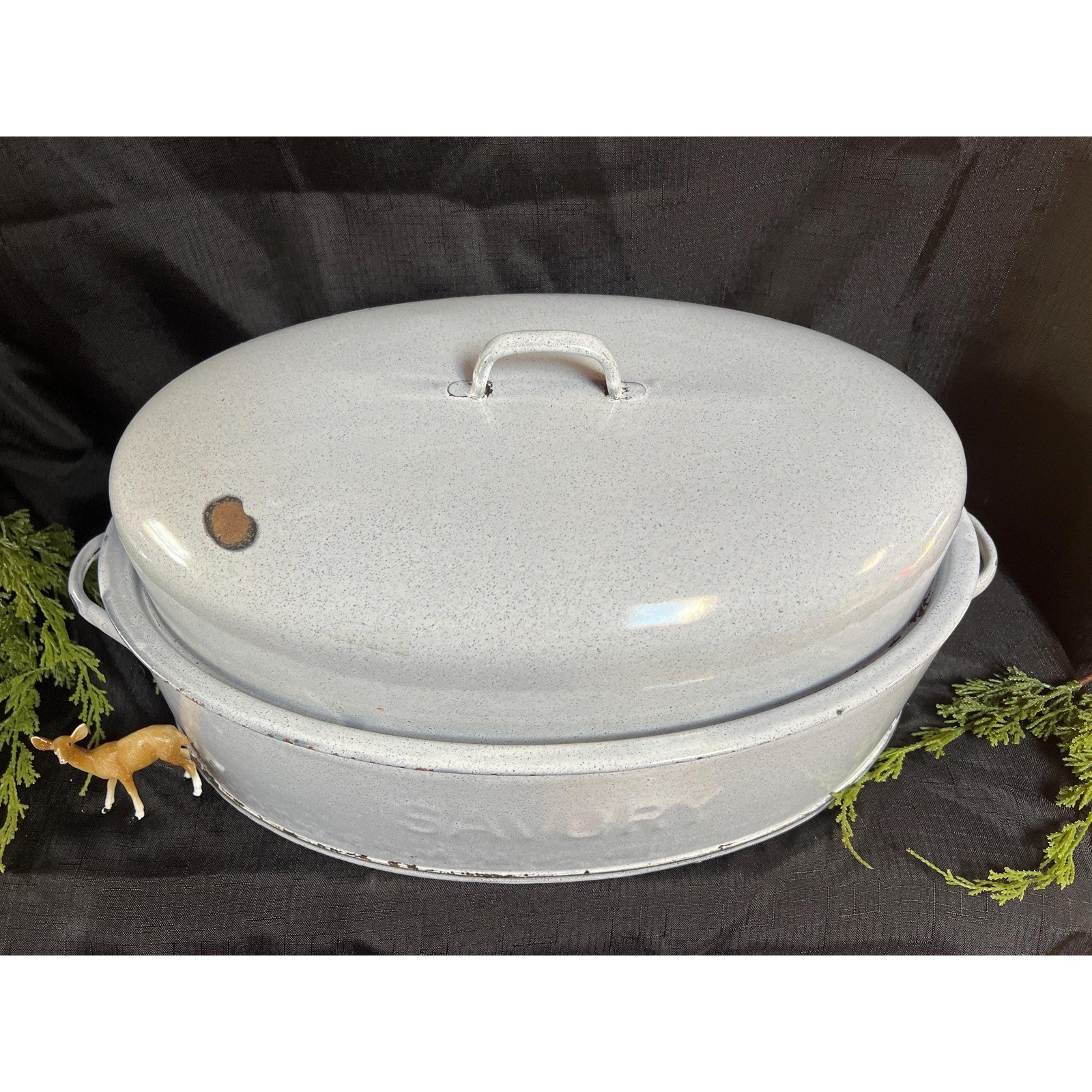 Blue Enamel SAVORY Roasting Pan Farmhouse Rustic Turkey Roaster Thanksgiving