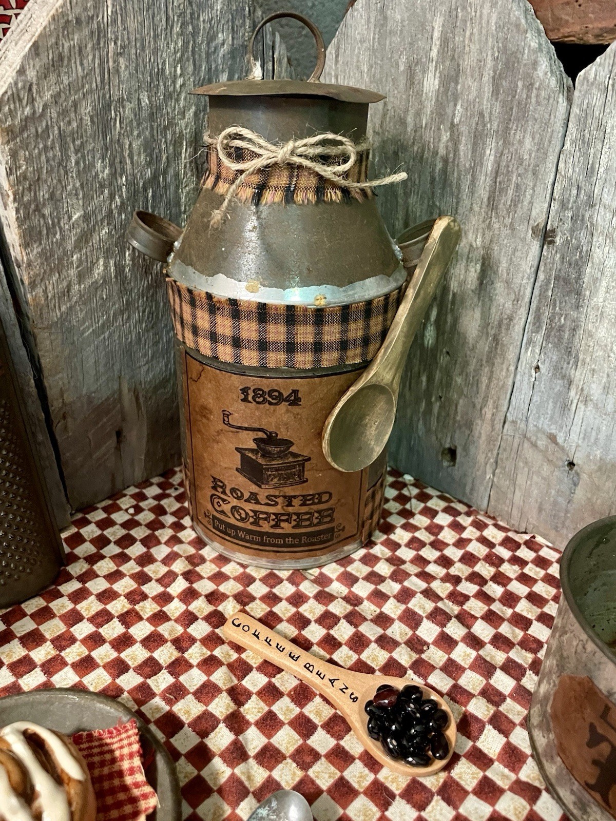 VTG PRIMITIVE FARMHOUSE Decor REPURPOSED MILK CAN “ROASTED COFFEE + SPOON