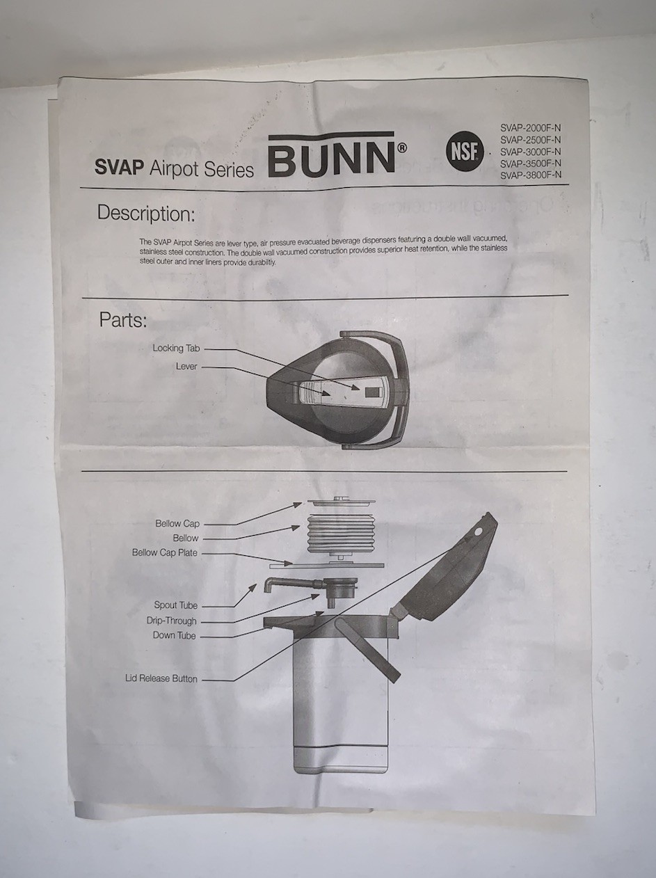 BUNN 1 Gallon (3.8L) Lever Action Airpot Stainless Steel 36725.0000