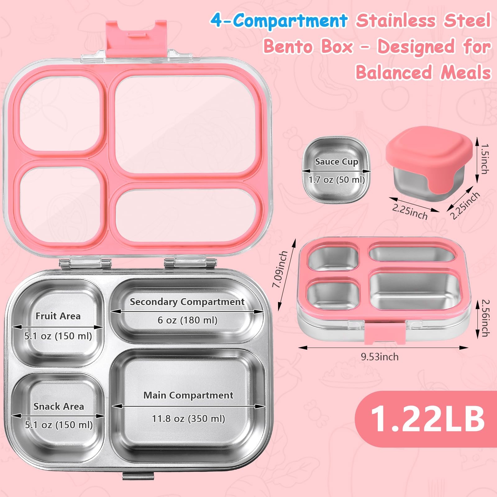 Miss Big Stainless Steel Bento For Kids 28Oz 4 Compartments Lunch Clear Lid And