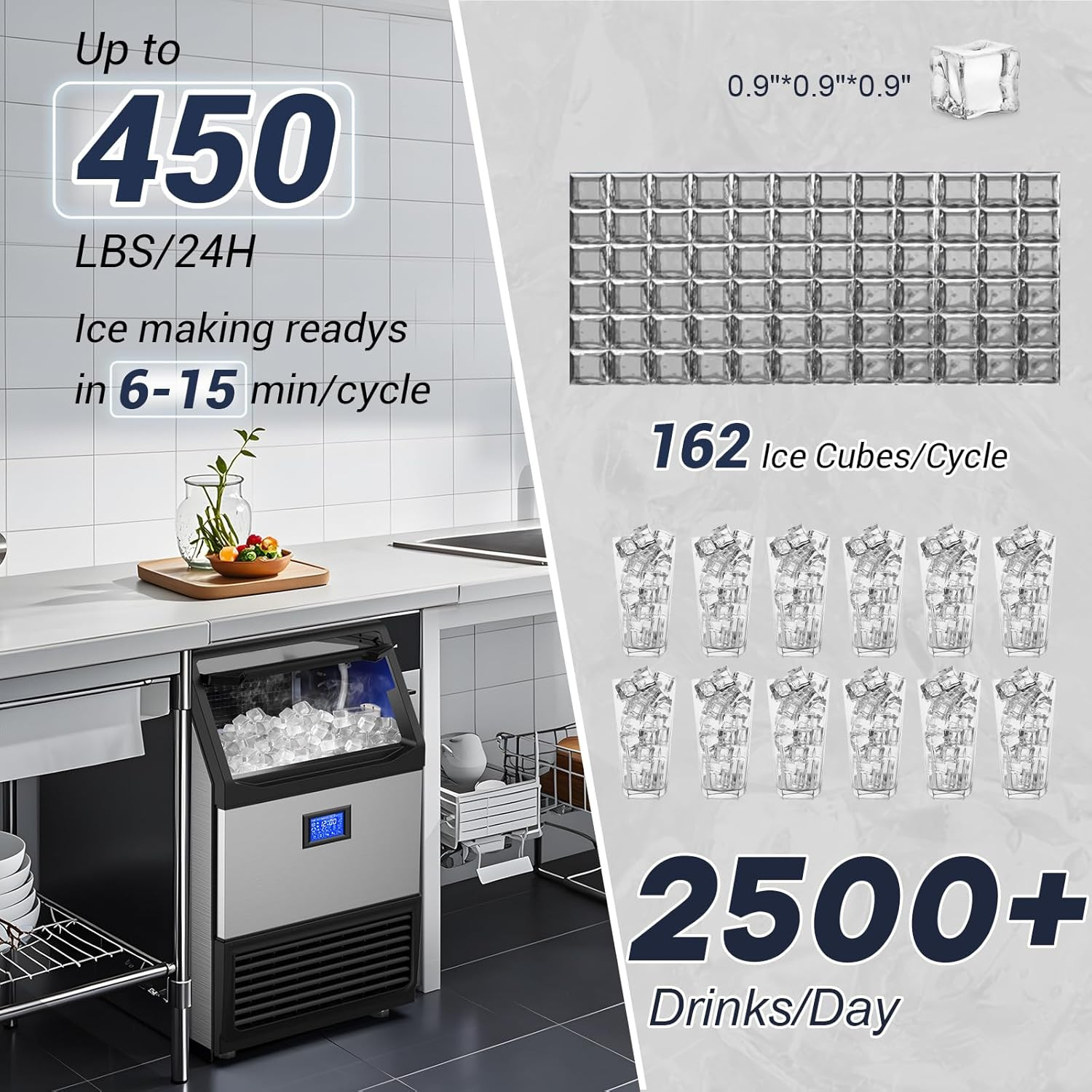 450Lbs/24H under Counter Commercial Ice Machine with 160LBS Large Storage Bin, S