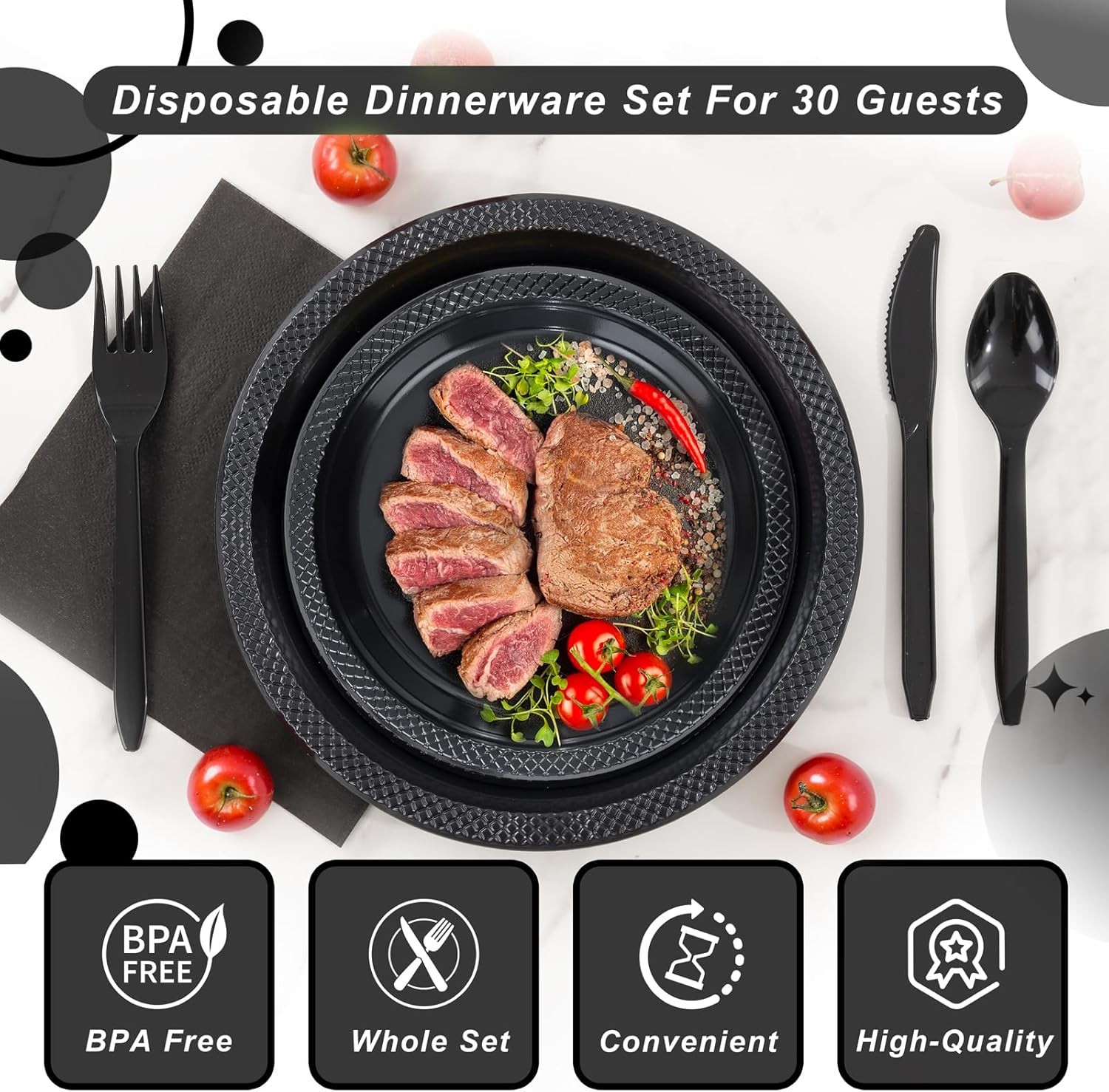 210 PCS Black Plastic Plates for 30 Guests – Disposable Dinnerware Set Including