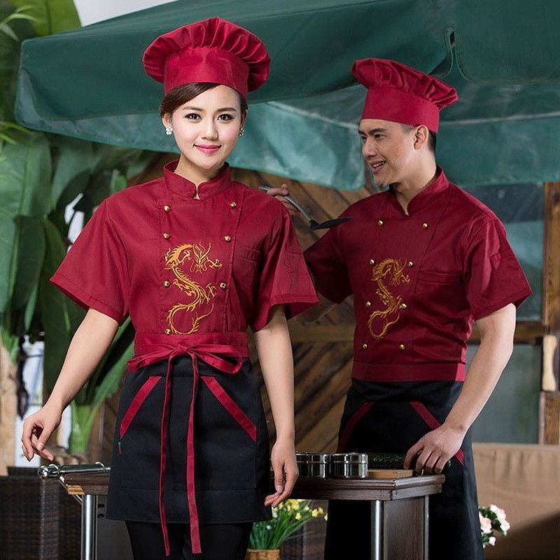 Men Women Chinese Dragon Printed Chef Apparel Uniform Jacket Coat Food Service