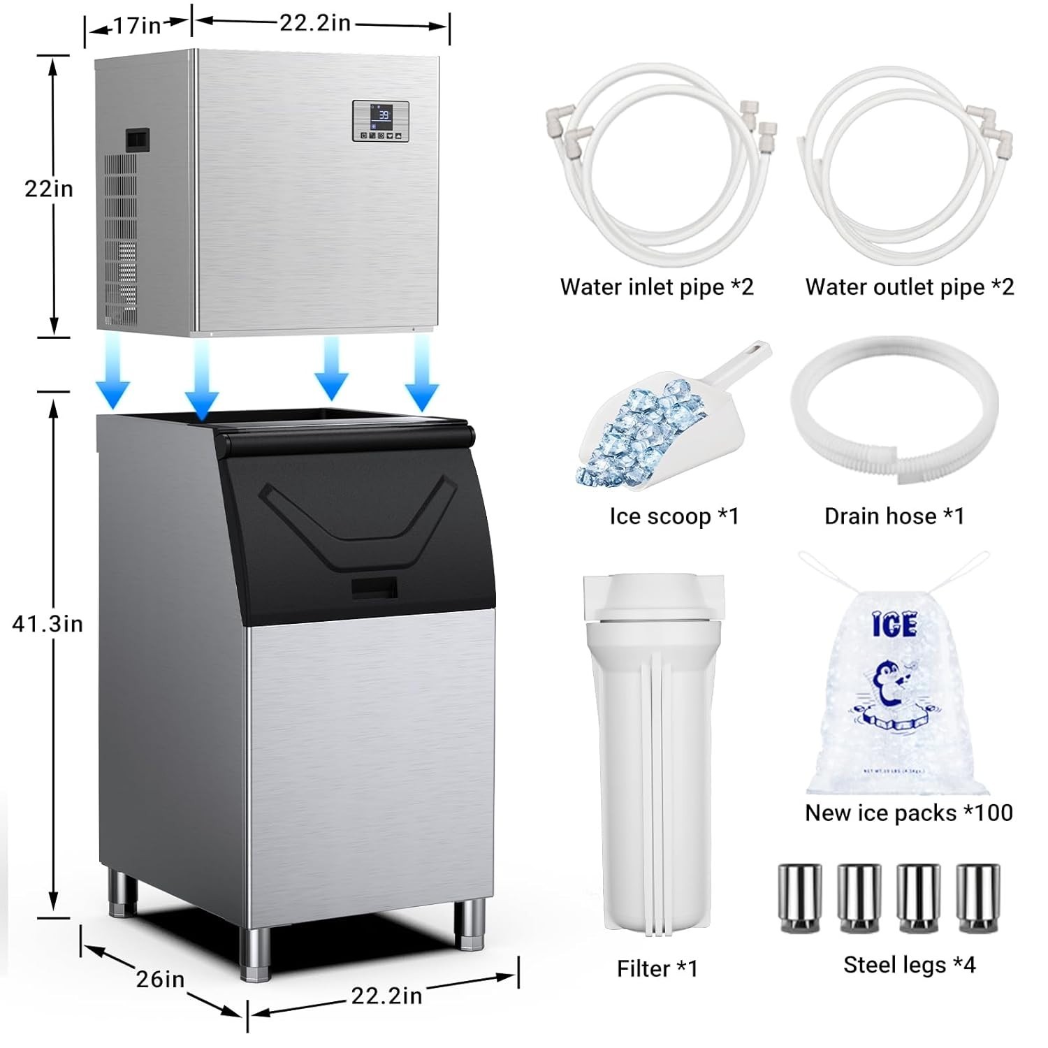 Commercial Ice Maker Machine 550lbs/24h,Large Capacity 400lbs with Self Cleaning
