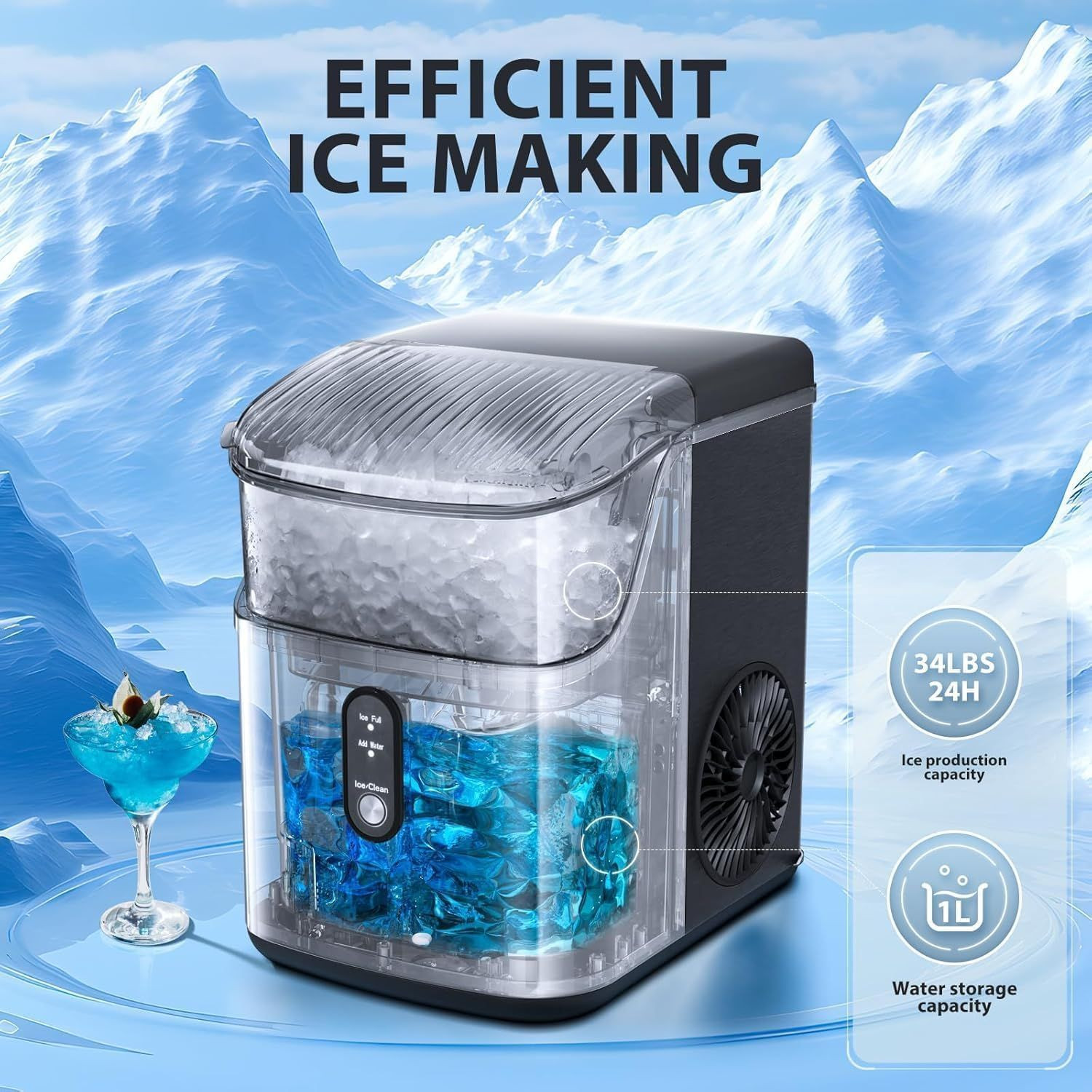 Antarctic Star Nugget Ice Maker Countertop, Chewable 34LBS/24H, Black