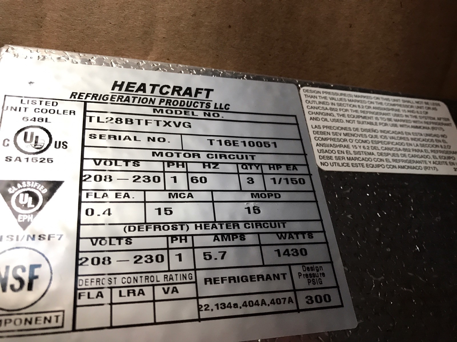 Heatcraft Thin Profile Reach-In Unit Cooler TL28BTFTXVG NEW