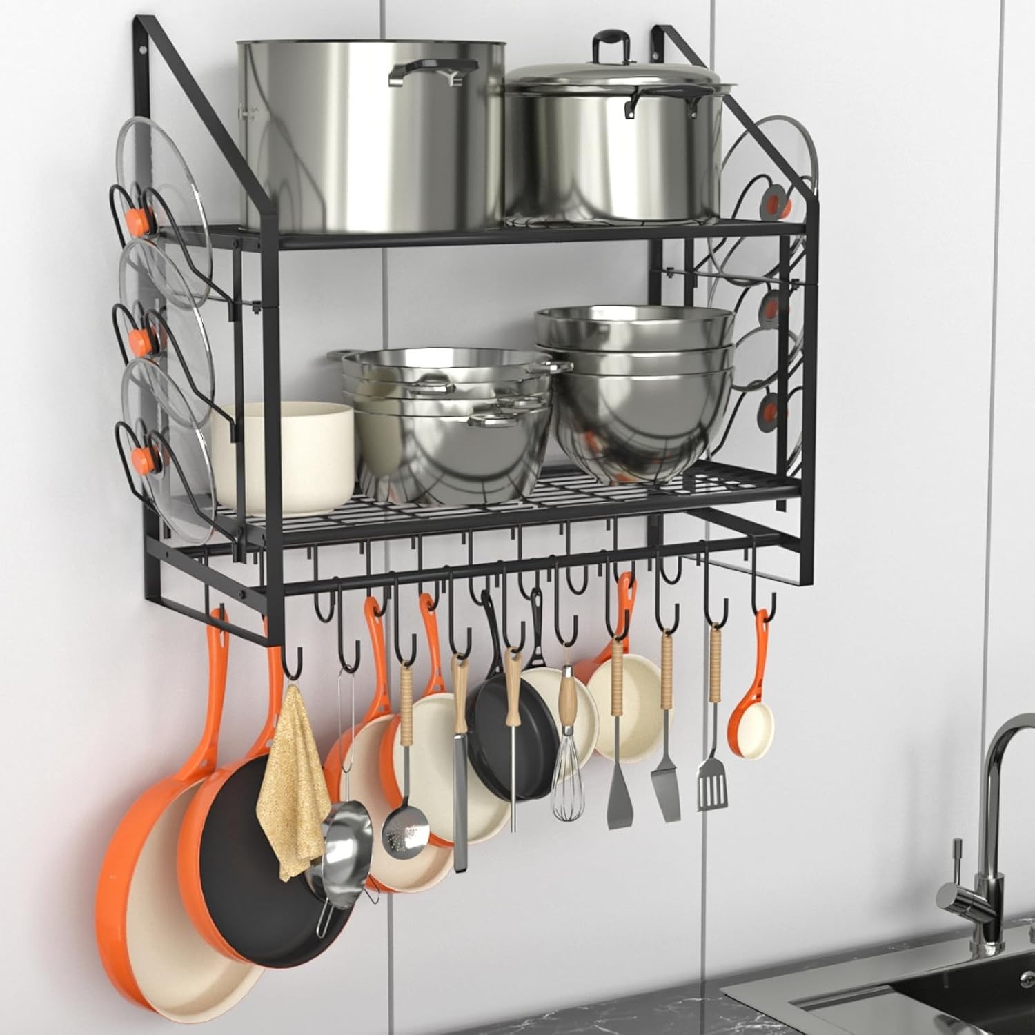 2 Tier Wall Mounted Pot Rack with 20 Hooks and 6 Lid Holders