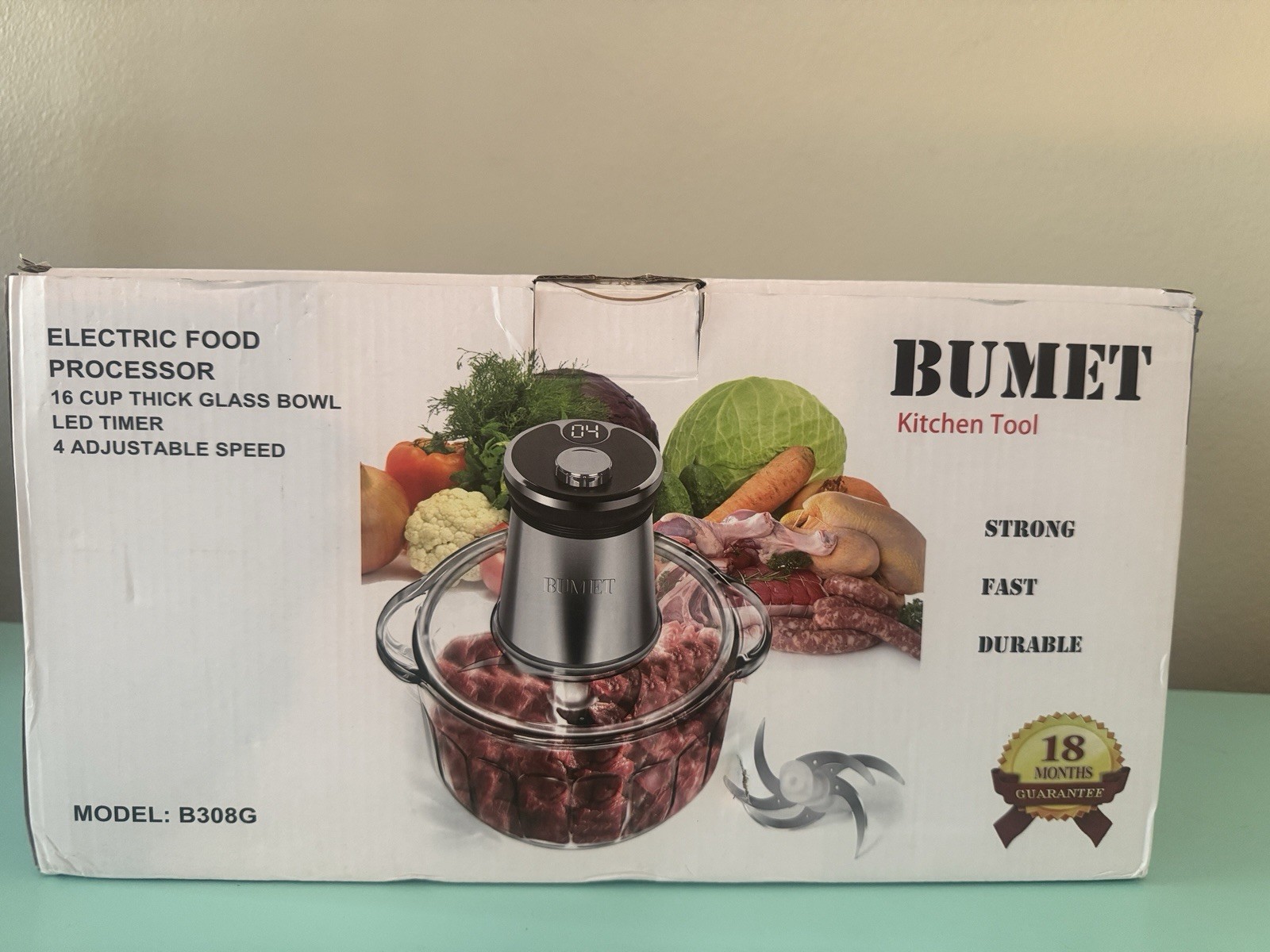 BUMET 16 cup glass bowl 850W Electric Food Processor,LED timer. 16cup, silver