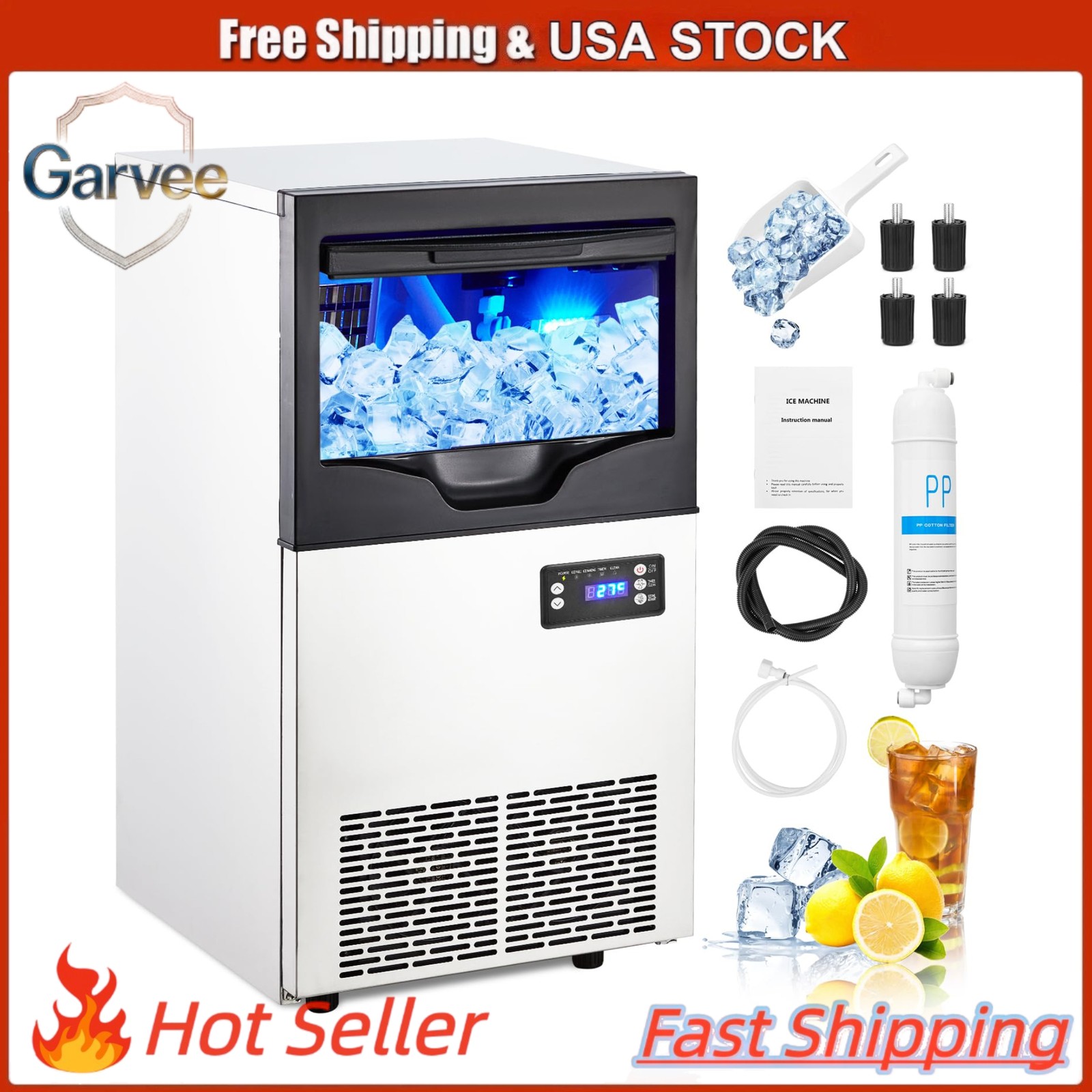 33LBS Capacity Commercial Ice Maker 100LBS/24H Stainless Steel Self-Cleaning