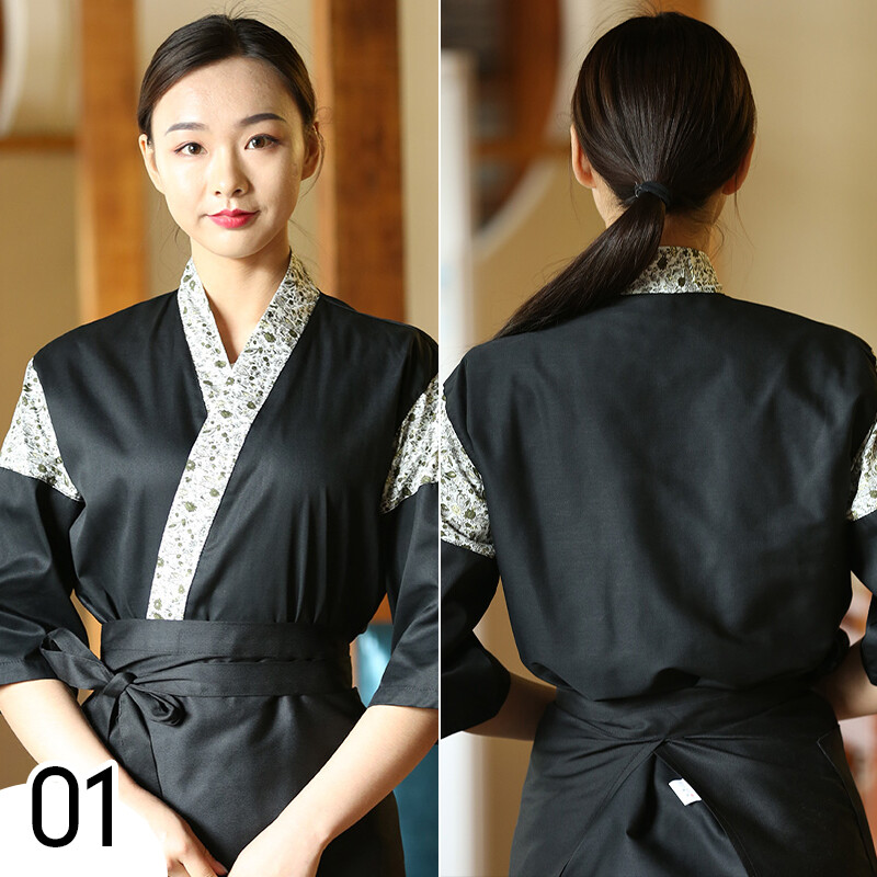 Unisex Japanese Cook Uniform Kimono Medium Sleeve Chef Sushi Restaurant Tops