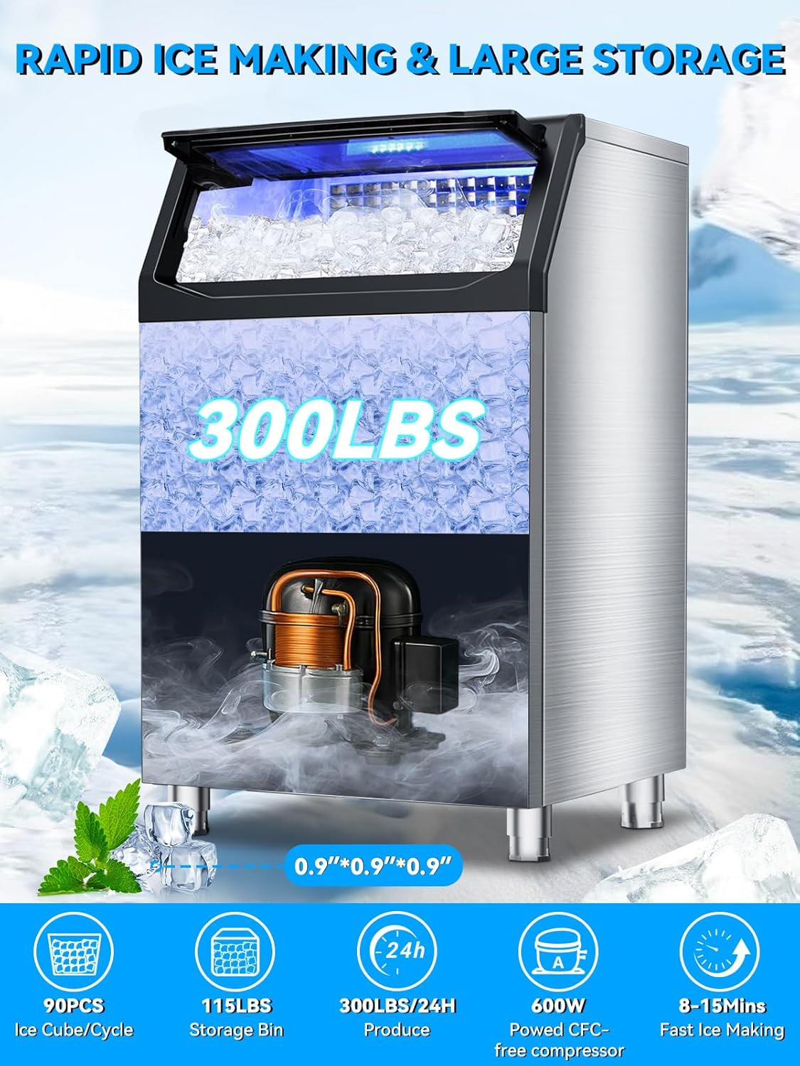 300Lbs/24H Commercial Ice Maker – Stainless Steel, Self-Cleaning, 115Lbs Bin