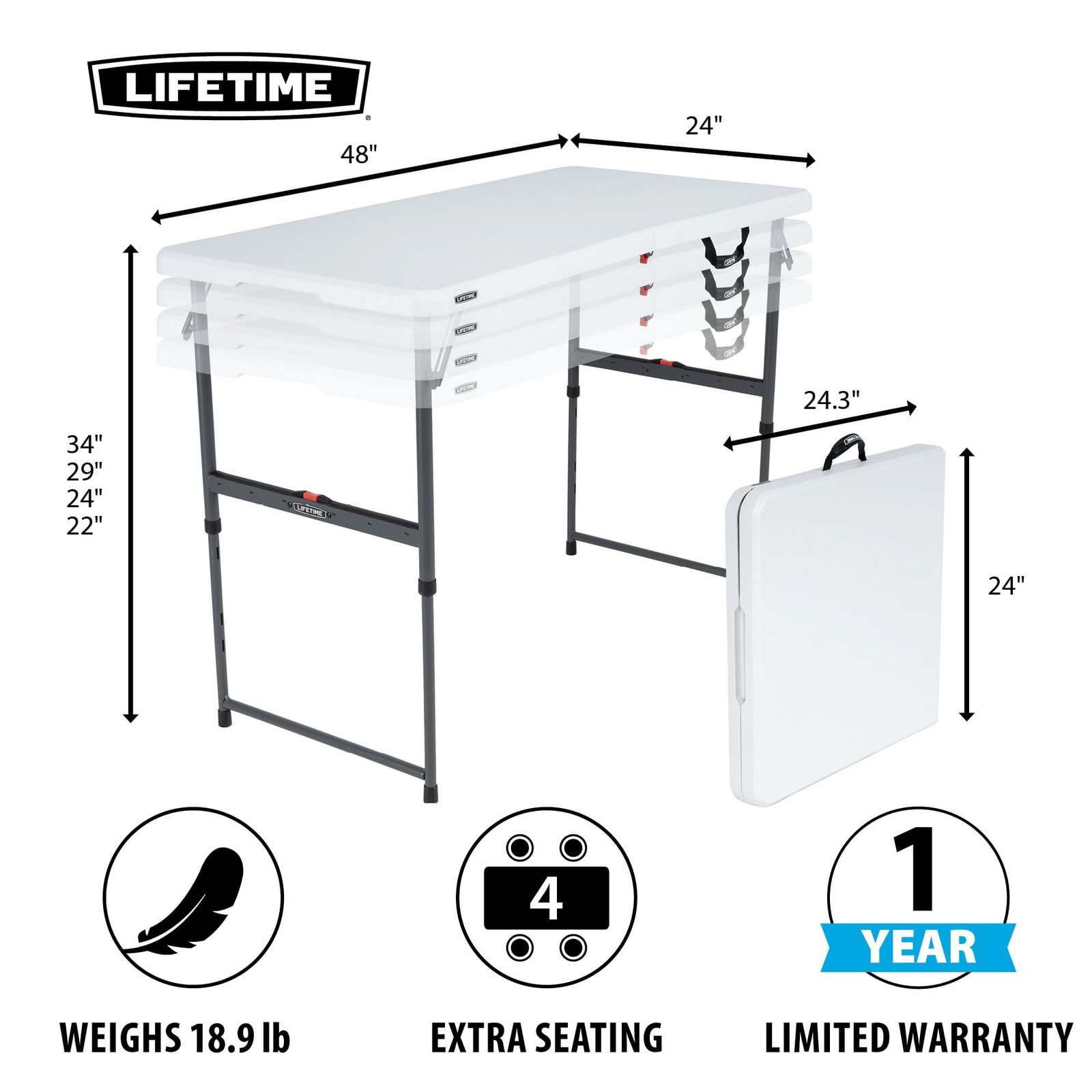 Lifetime 4-Ft Fold-in-Half Adjustable Table – Light Commercial